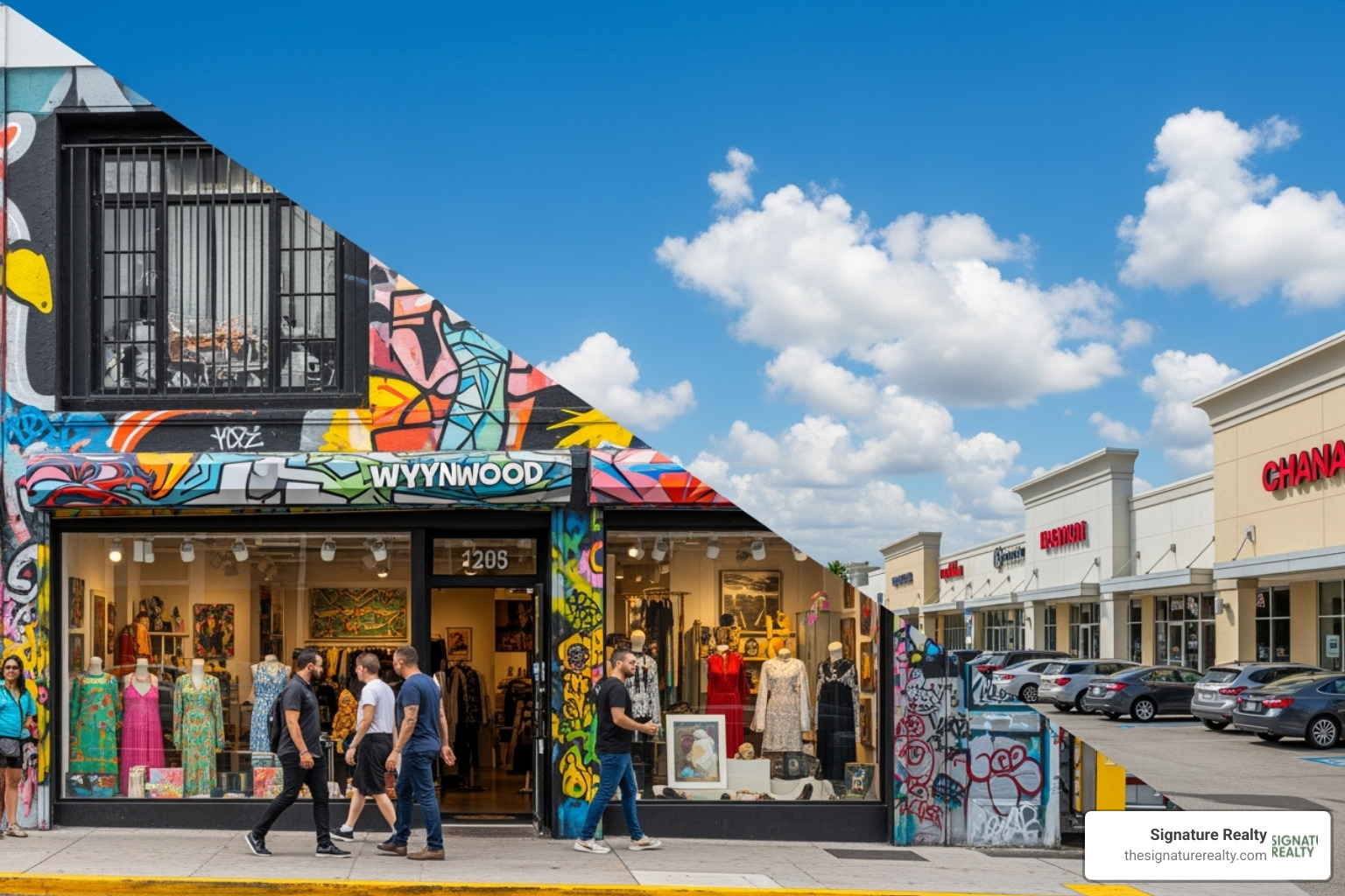 collage of different retail properties in Miami, including a storefront in Wynwood and a strip mall in Doral - retail space for sale miami collage of different retail properties in Miami, including a storefront in Wynwood and a strip mall in Doral - retail space for sale miami