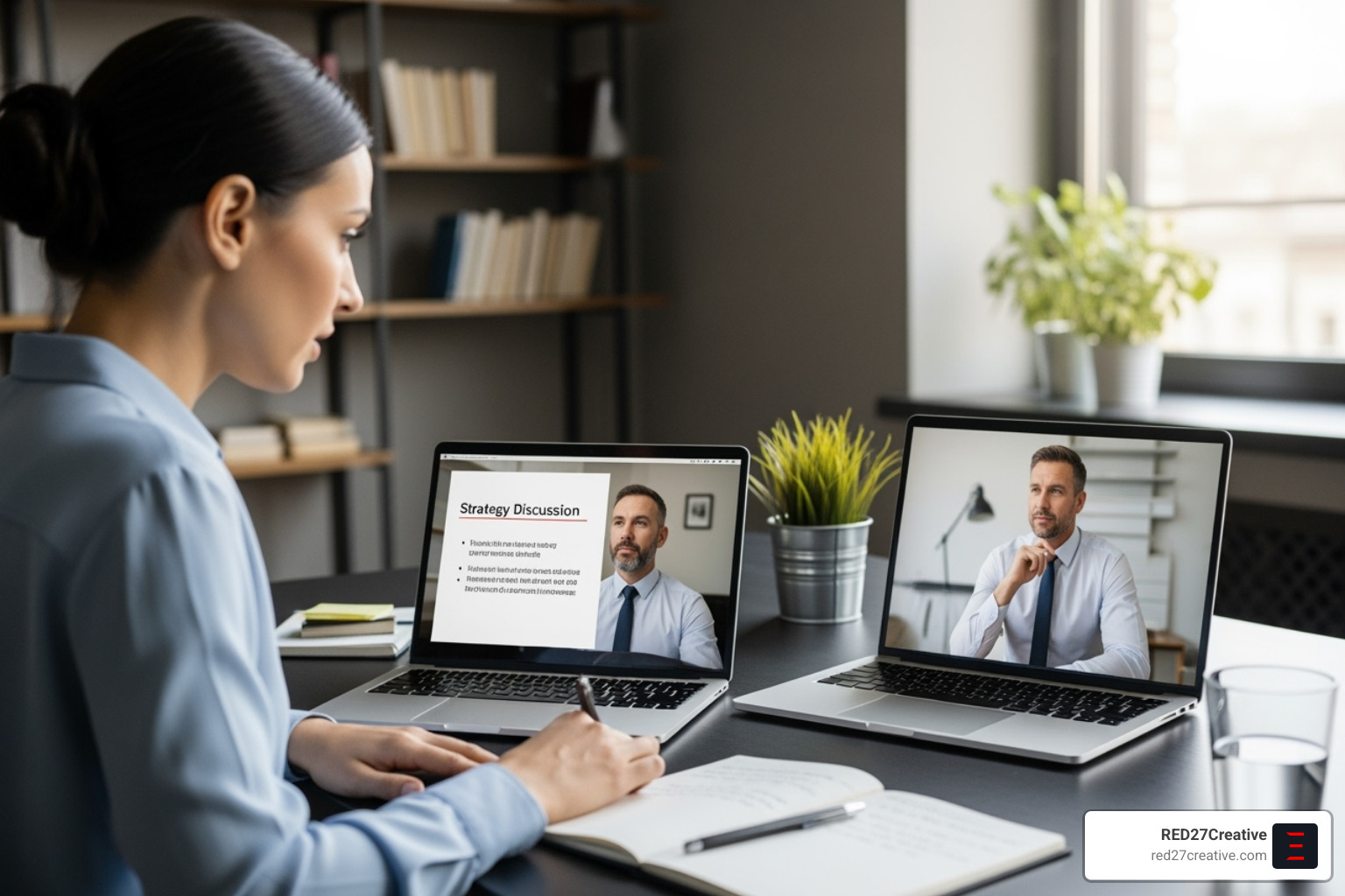 A business owner on a video call with a consultant, discussing strategy - business consultants near me A business owner on a video call with a consultant, discussing strategy - business consultants near me
