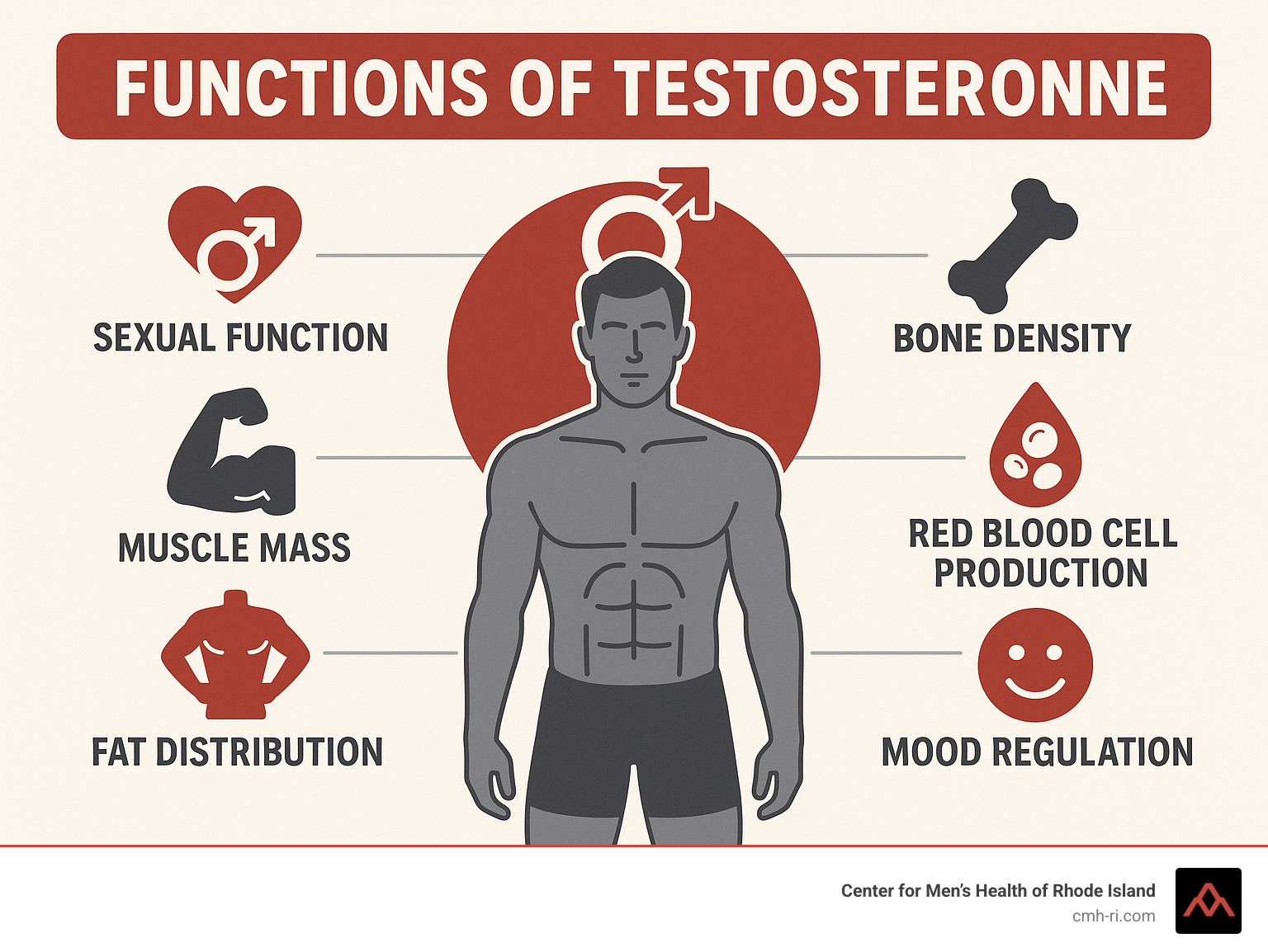 Infographic showing the key functions of testosterone in the male body including sexual function, muscle mass maintenance, bone density support, red blood cell production, fat distribution, and mood regulation - low testosterone infographic 