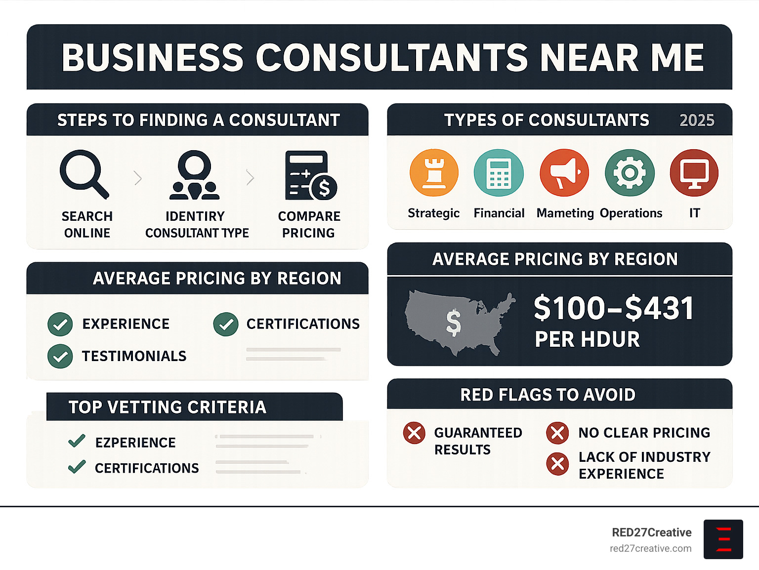 Comprehensive infographic showing the step-by-step process for finding business consultants near you, including 5 key consultant types (strategic, financial, marketing, operations, IT), average pricing by region, top 3 vetting criteria (experience, certifications, testimonials), and 4 red flags to avoid when hiring consultants - business consultants near me infographic Comprehensive infographic showing the step-by-step process for finding business consultants near you, including 5 key consultant types (strategic, financial, marketing, operations, IT), average pricing by region, top 3 vetting criteria (experience, certifications, testimonials), and 4 red flags to avoid when hiring consultants - business consultants near me infographic