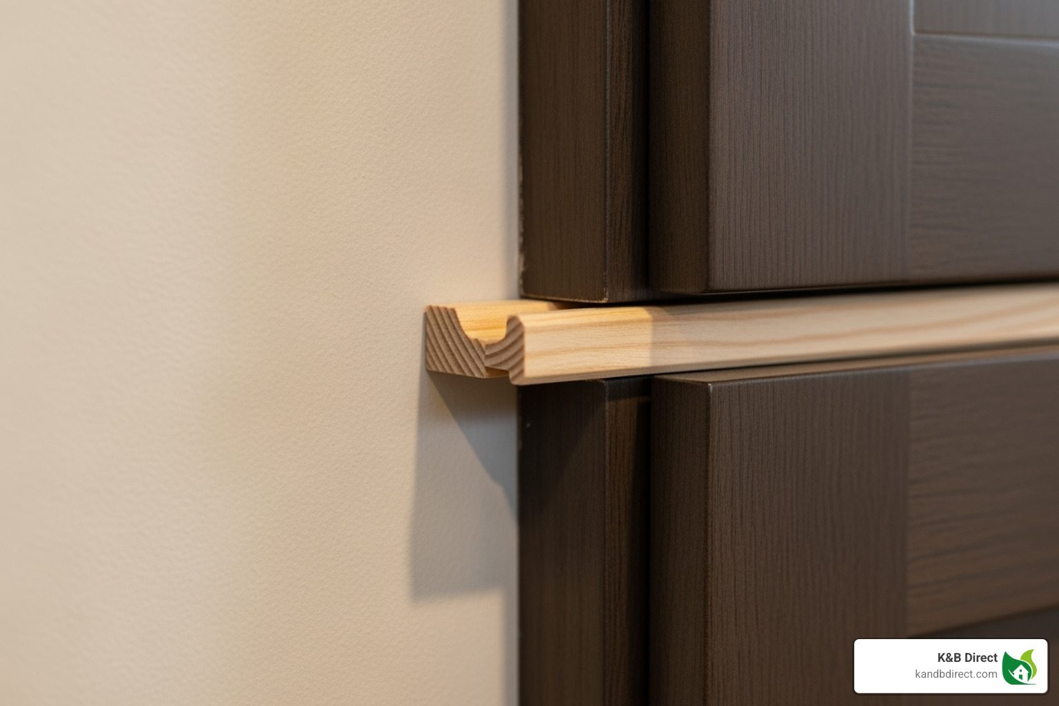 A thin scribe moulding covering a small gap between a cabinet and an uneven wall, highlighting its ability to create a seamless look - cabinet trim