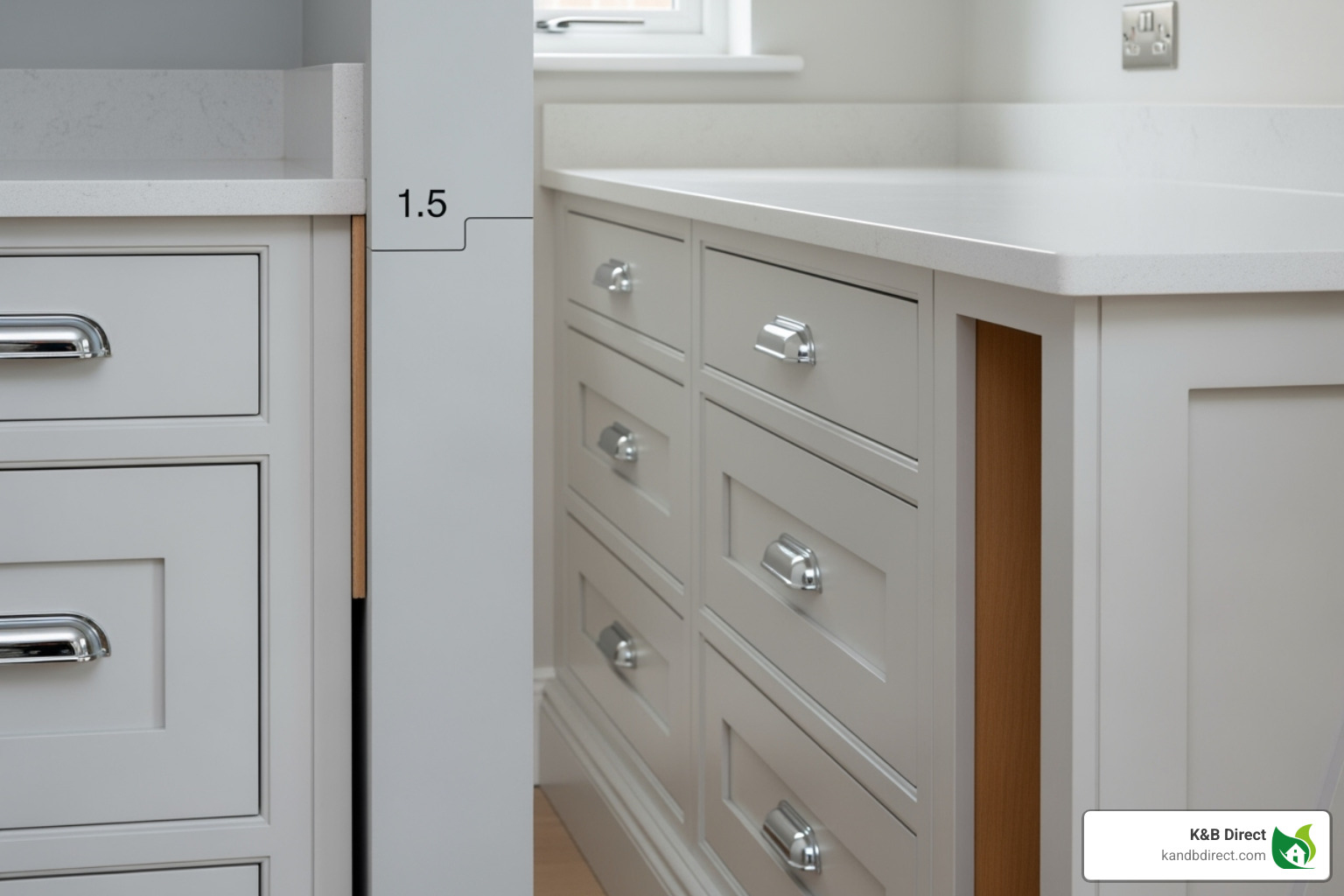 A cabinet installation using a filler piece next to a wall and a finished side panel, illustrating how these components create a built-in and complete appearance - cabinet trim