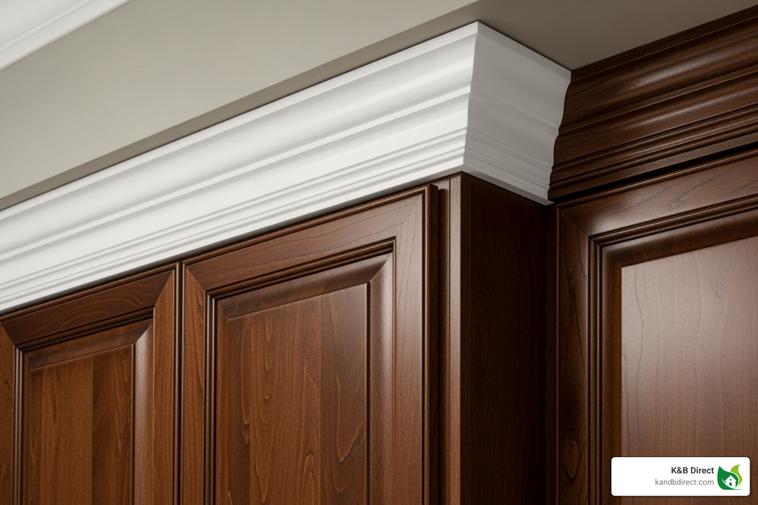 Neat crown moulding on top of dark wood kitchen cabinets, showcasing a classic and neat finish - cabinet trim