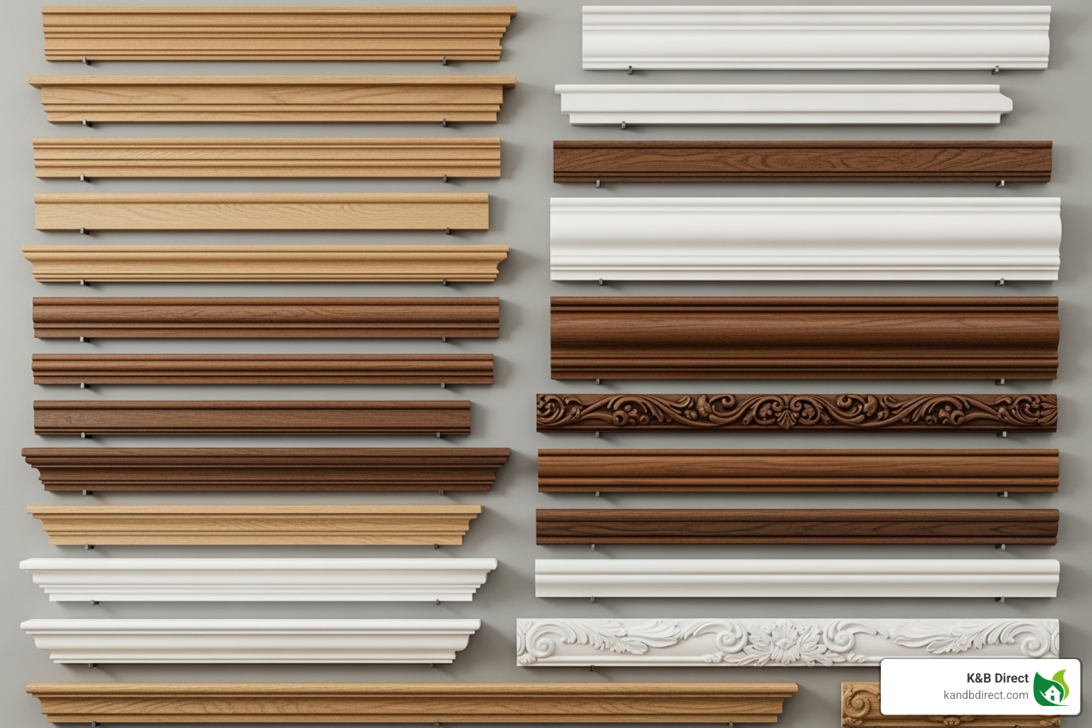 A wall displaying various profiles of moulding and trim, from simple to ornate designs, showcasing different sizes and curvatures - cabinet trim
