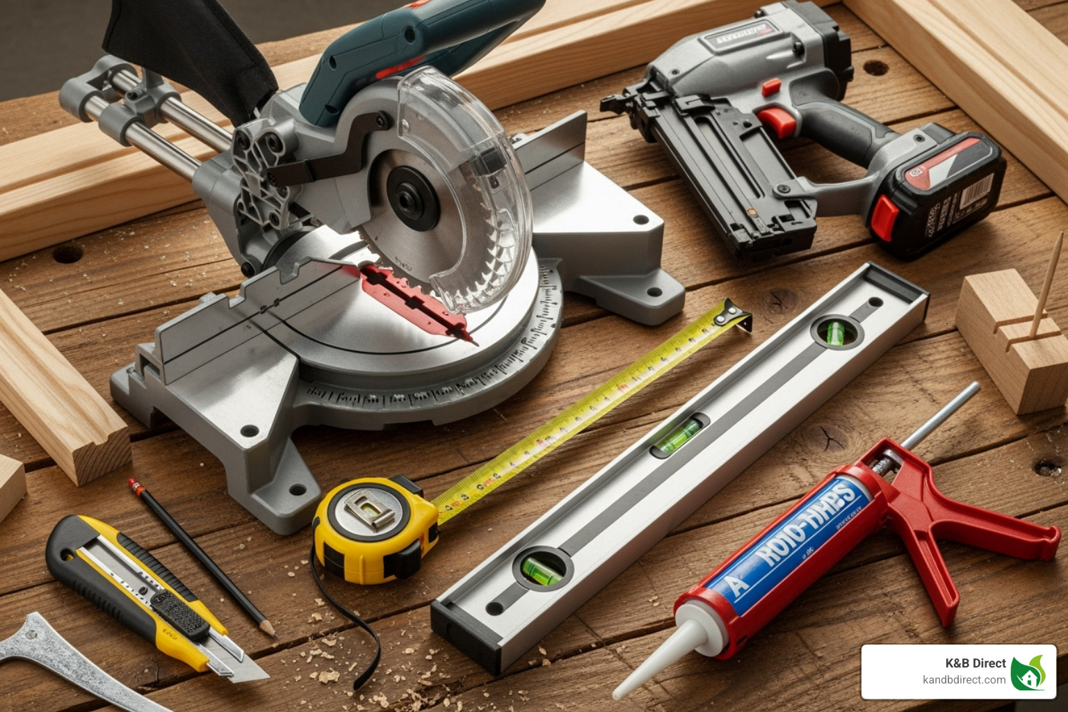 A collection of DIY tools essential for trim installation, including a miter saw, nail gun, measuring tape, level, and caulk gun - cabinet trim