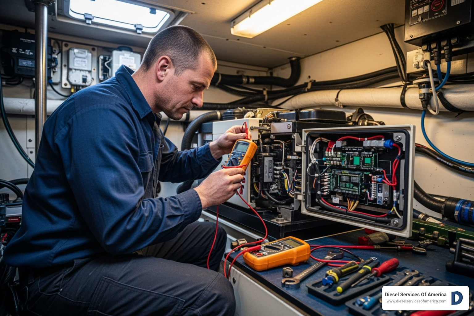 marine technician using a multimeter - westerbeke generator repair