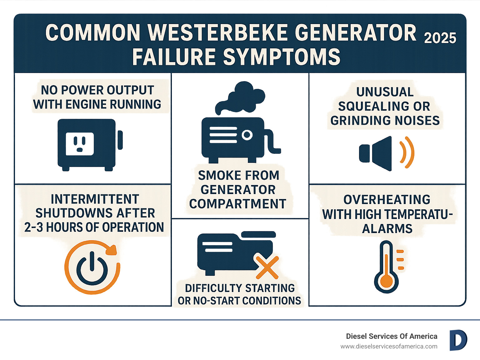 Common Westerbeke generator failure symptoms including no power output with engine running, smoke from generator compartment, unusual squealing or grinding noises, intermittent shutdowns after 2-3 hours of operation, difficulty starting or no-start conditions, and overheating with high temperature alarms - westerbeke generator repair infographic 