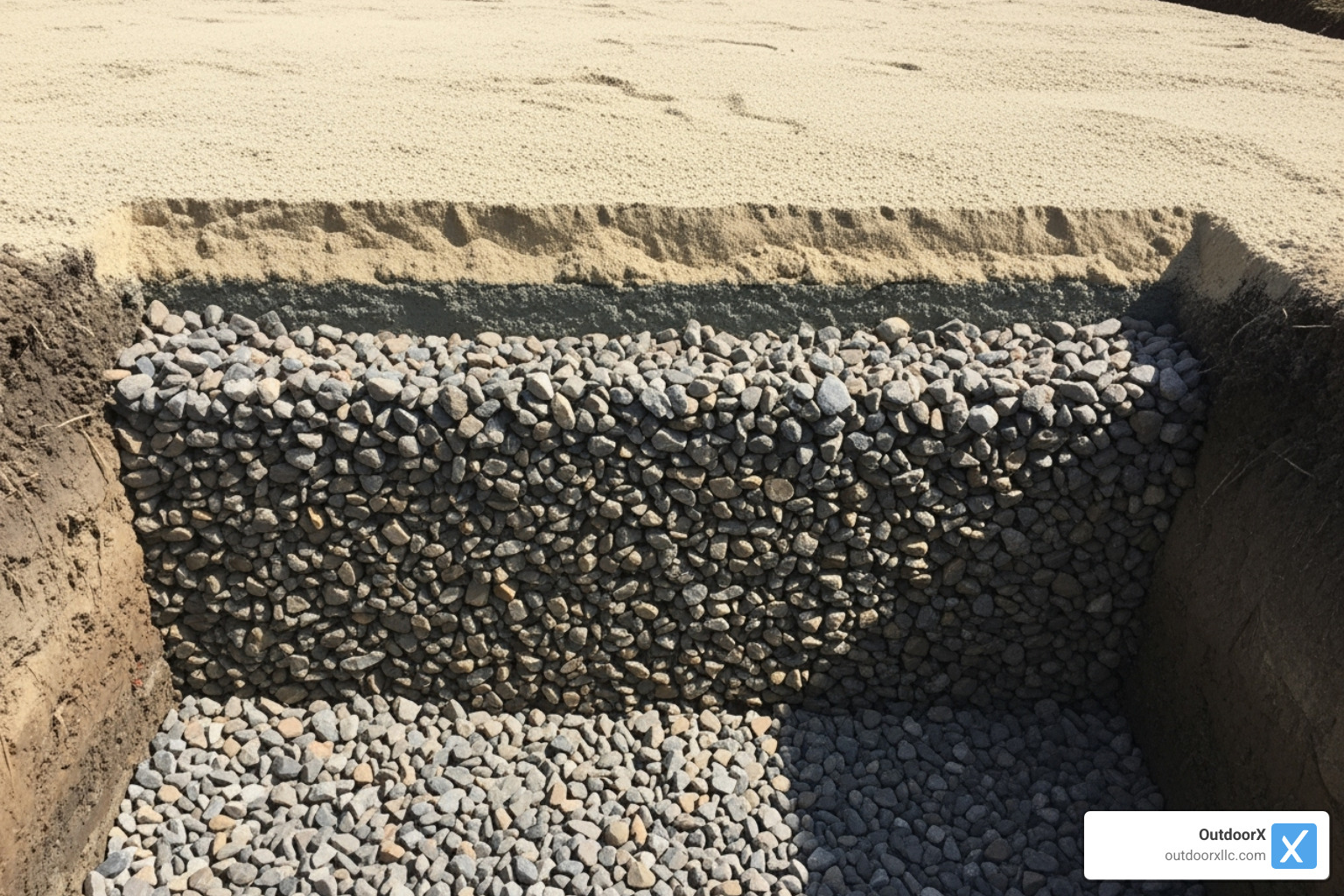 the layered base for a patio, showing gravel and sand - building a bluestone patio