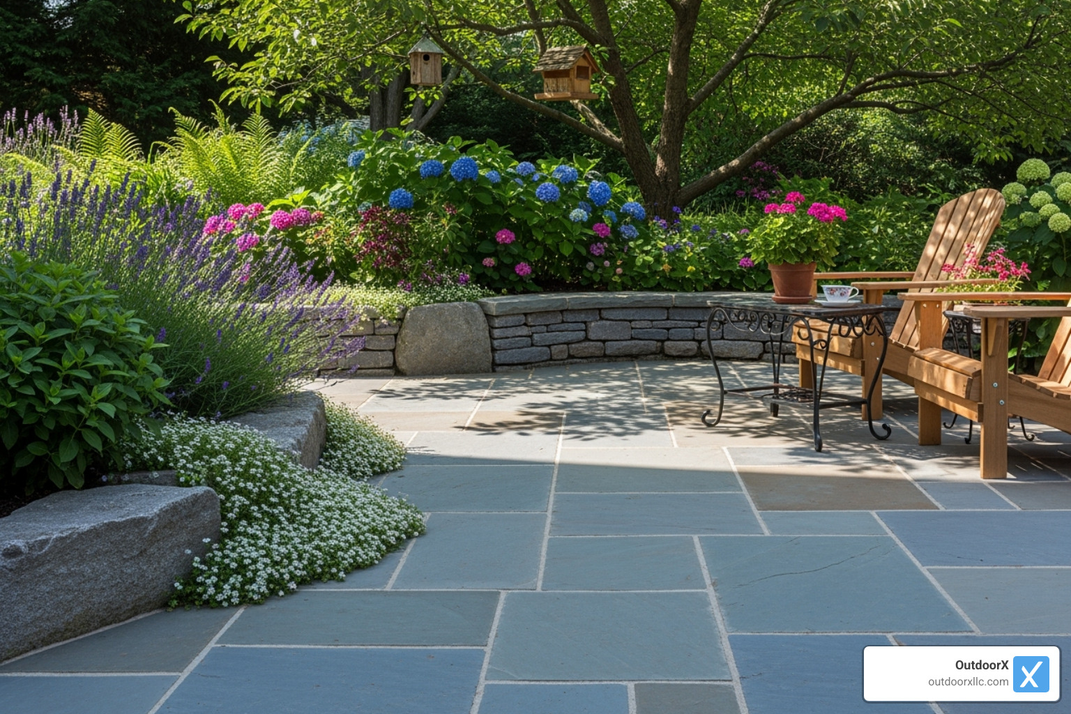 a clean bluestone patio next to a garden - building a bluestone patio