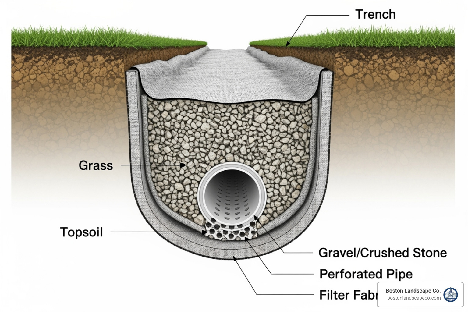 cross-section of a French drain installation - backyard drainage solutions