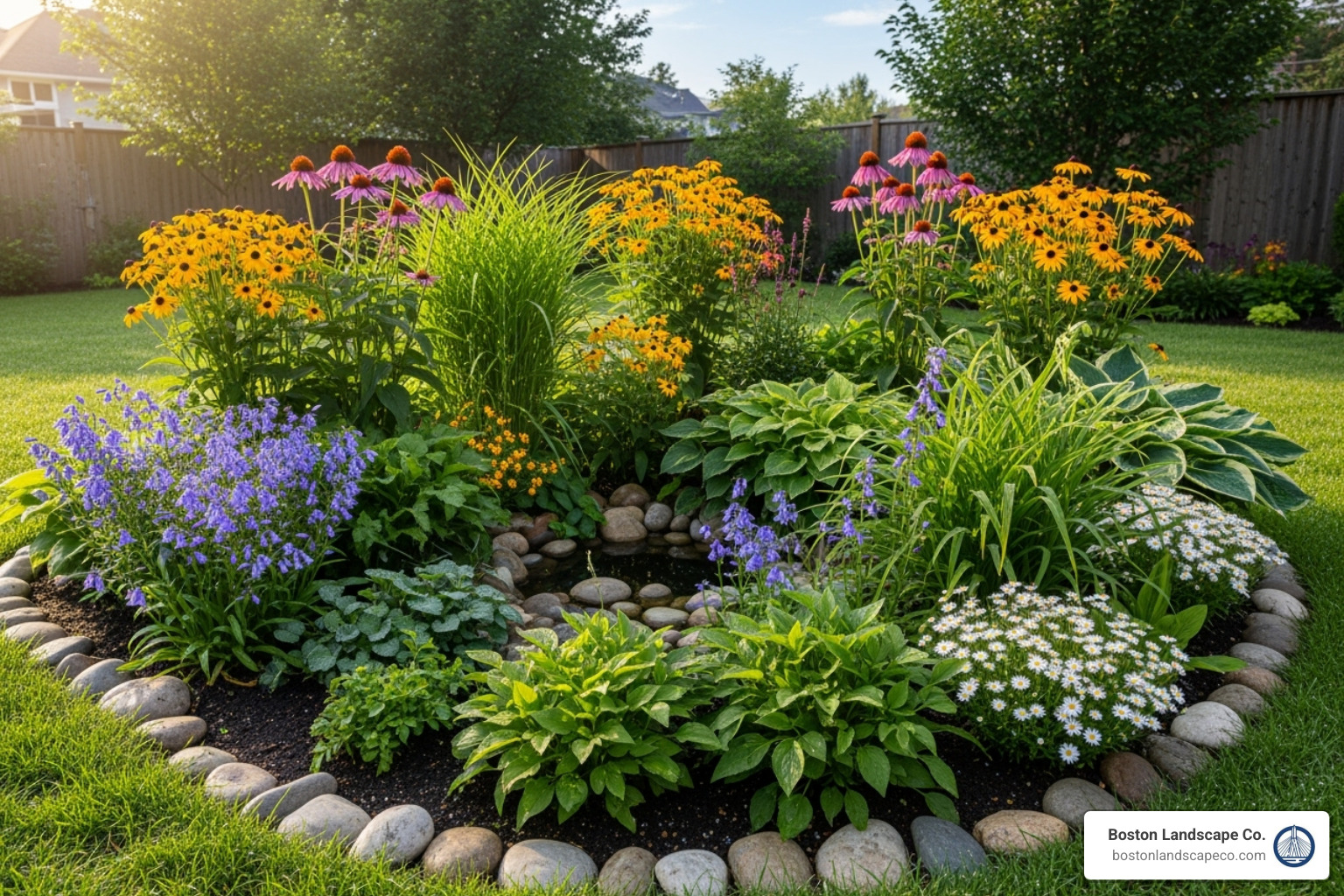 vibrant rain garden in a backyard corner - backyard drainage solutions