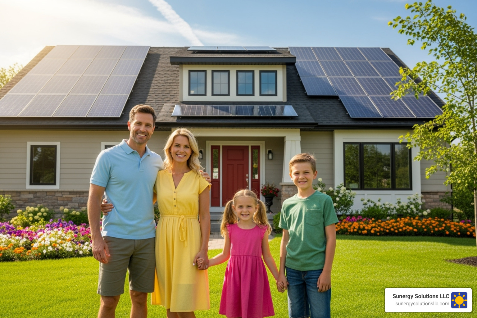 Smiling family with solar panels - vt best solar company
