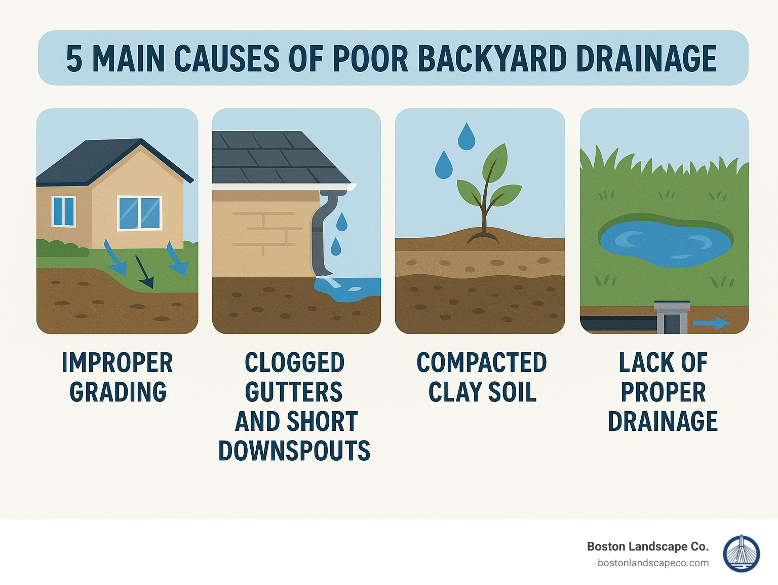 Comprehensive infographic showing the 5 main causes of poor backyard drainage: improper grading directing water toward house foundations, clogged gutters and short downspouts, compacted clay soil preventing water absorption, low spots and depressions collecting standing water, and lack of proper drainage systems like French drains or catch basins - backyard drainage solutions infographic 