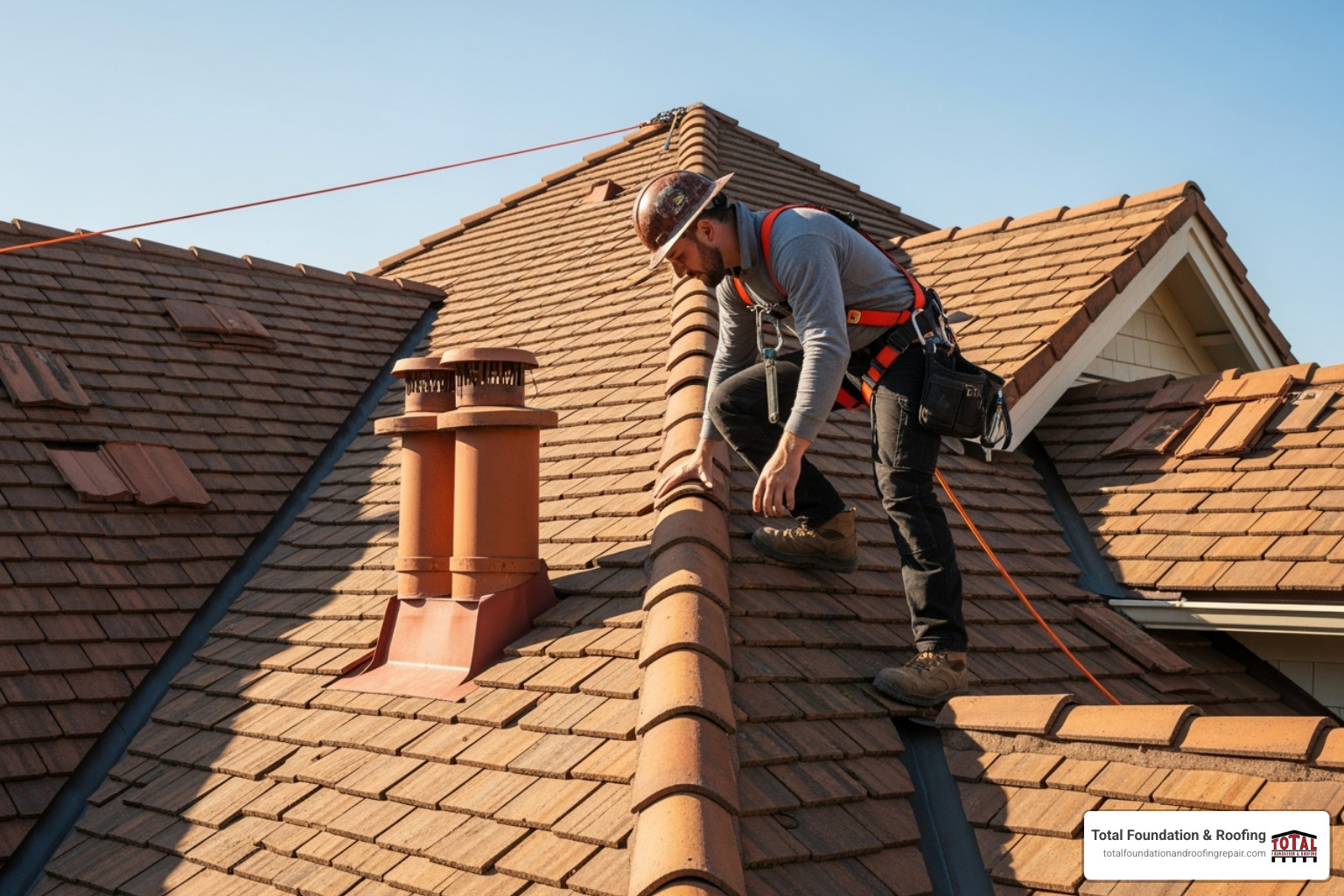 professional roofer inspecting a complex tile roof with safety harness - fixing roof tiles