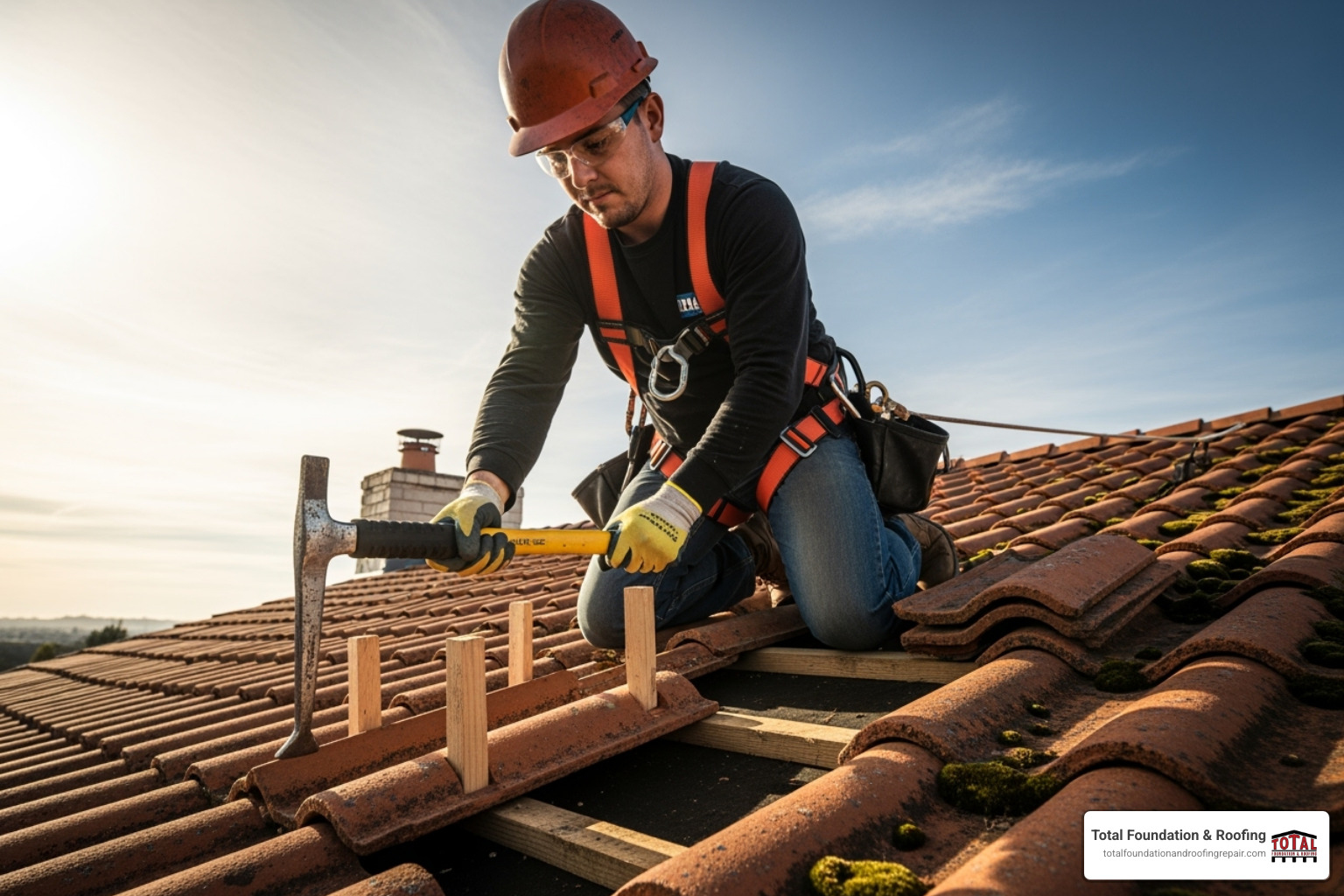 person using pry bar and wooden wedges to lift tiles - fixing roof tiles