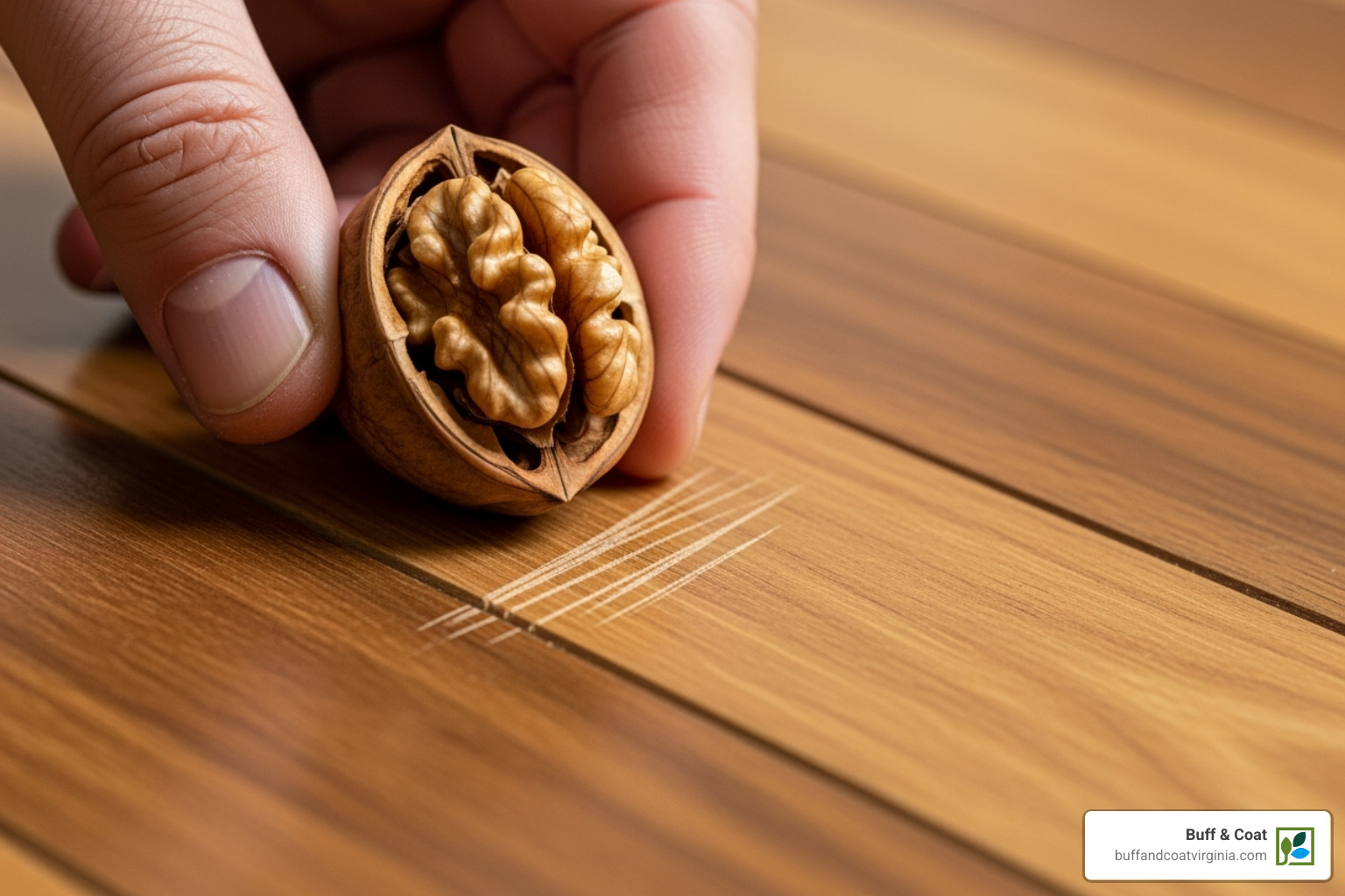 person using a walnut to rub out a light scratch on a wood floor - how to restore scratched wood floors person using a walnut to rub out a light scratch on a wood floor - how to restore scratched wood floors