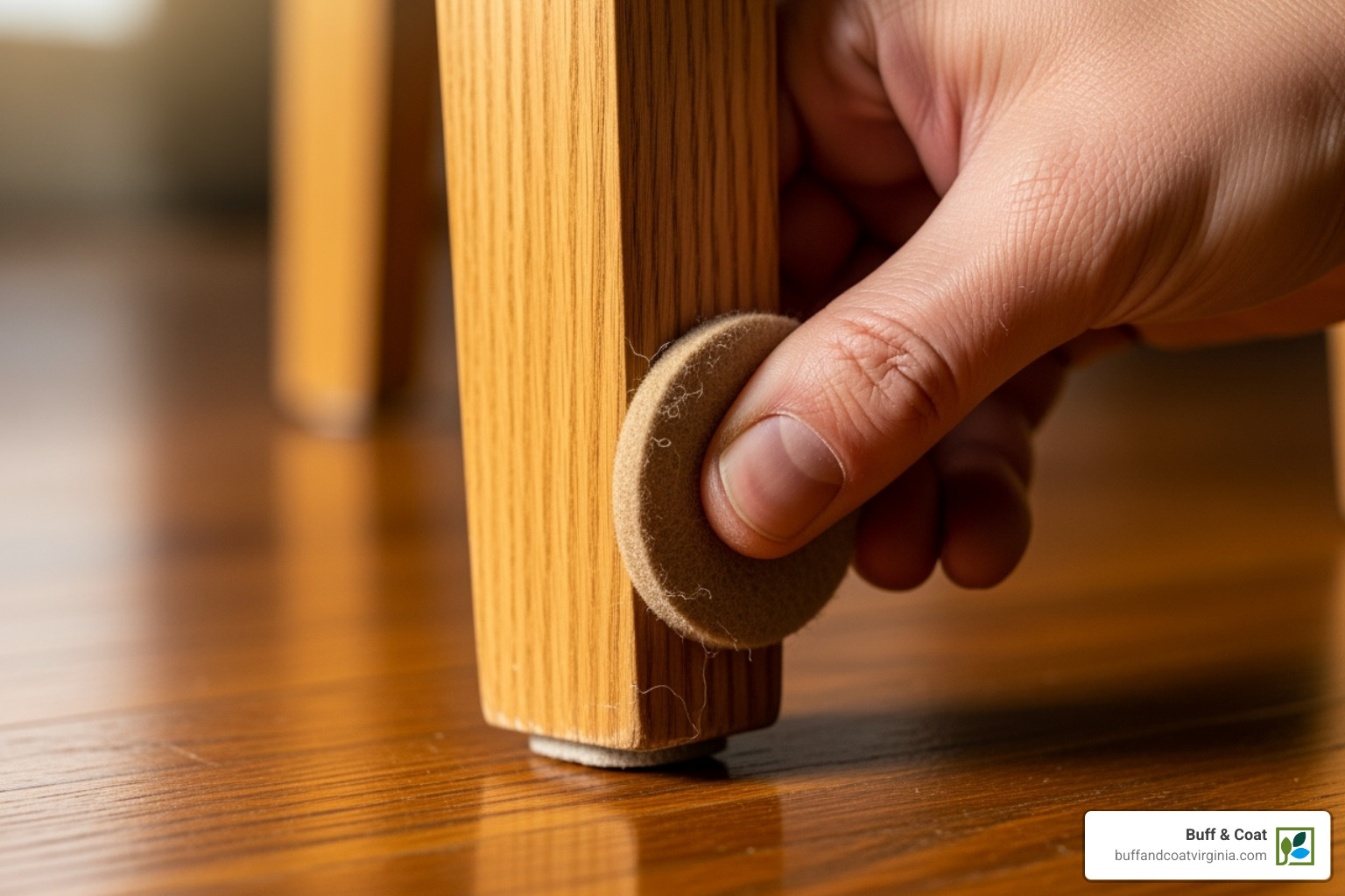 felt pads being applied to the bottom of a chair leg - how to restore scratched wood floors felt pads being applied to the bottom of a chair leg - how to restore scratched wood floors