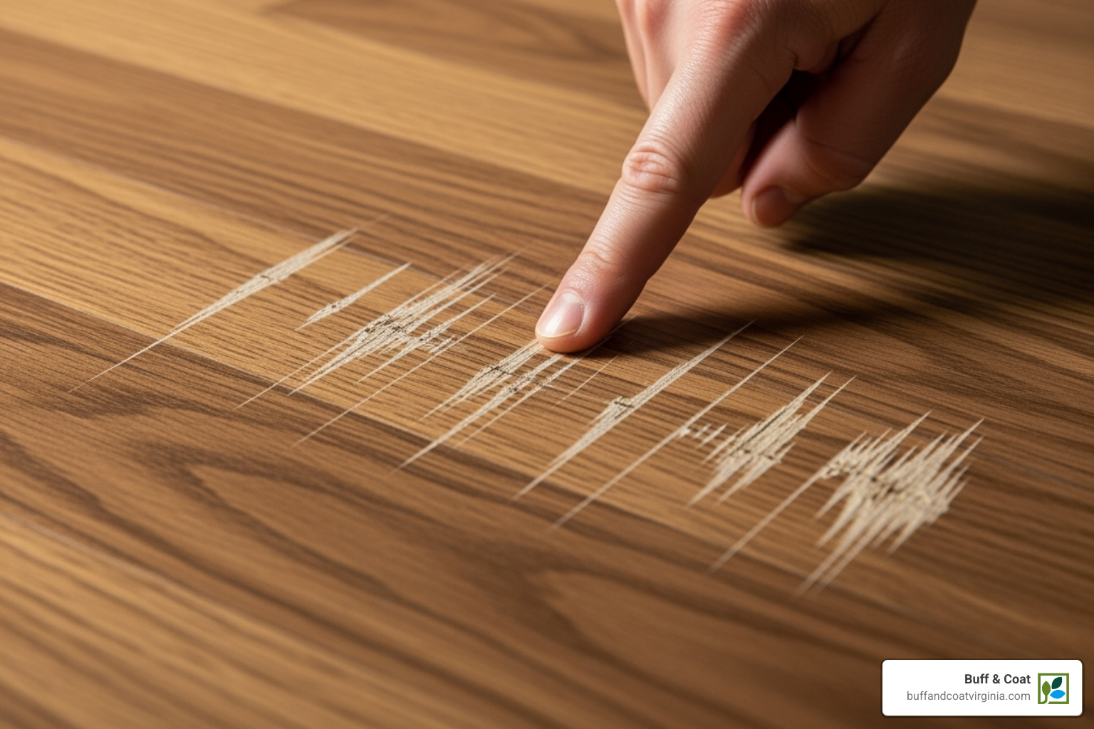 person pointing to different types of scratches on a wood floor - how to restore scratched wood floors person pointing to different types of scratches on a wood floor - how to restore scratched wood floors