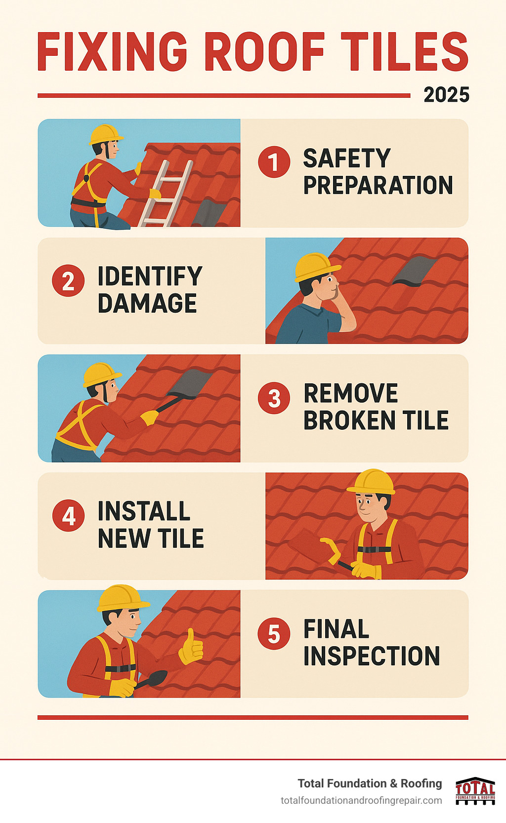 Step-by-step infographic showing the roof tile repair process: 1) Safety preparation with ladder and harness, 2) Identifying damaged tiles from ground level, 3) Removing broken tile with pry bar, 4) Installing new tile with roofing cement, 5) Final inspection of surrounding area - fixing roof tiles infographic 