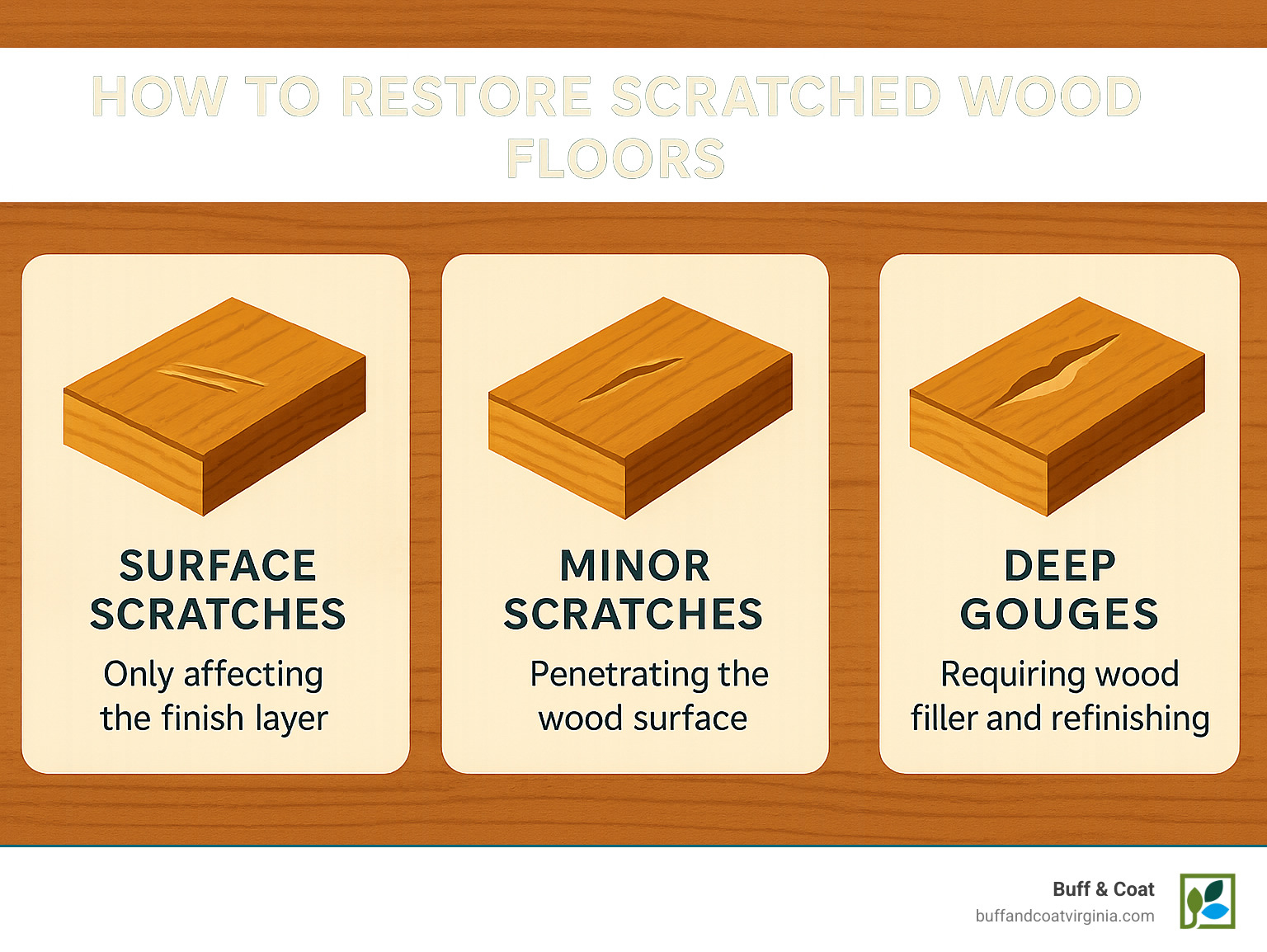 Infographic showing three types of wood floor damage: surface scratches affecting only the finish layer, minor scratches penetrating the wood surface, and deep gouges requiring wood filler and refinishing - how to restore scratched wood floors infographic Infographic showing three types of wood floor damage: surface scratches affecting only the finish layer, minor scratches penetrating the wood surface, and deep gouges requiring wood filler and refinishing - how to restore scratched wood floors infographic