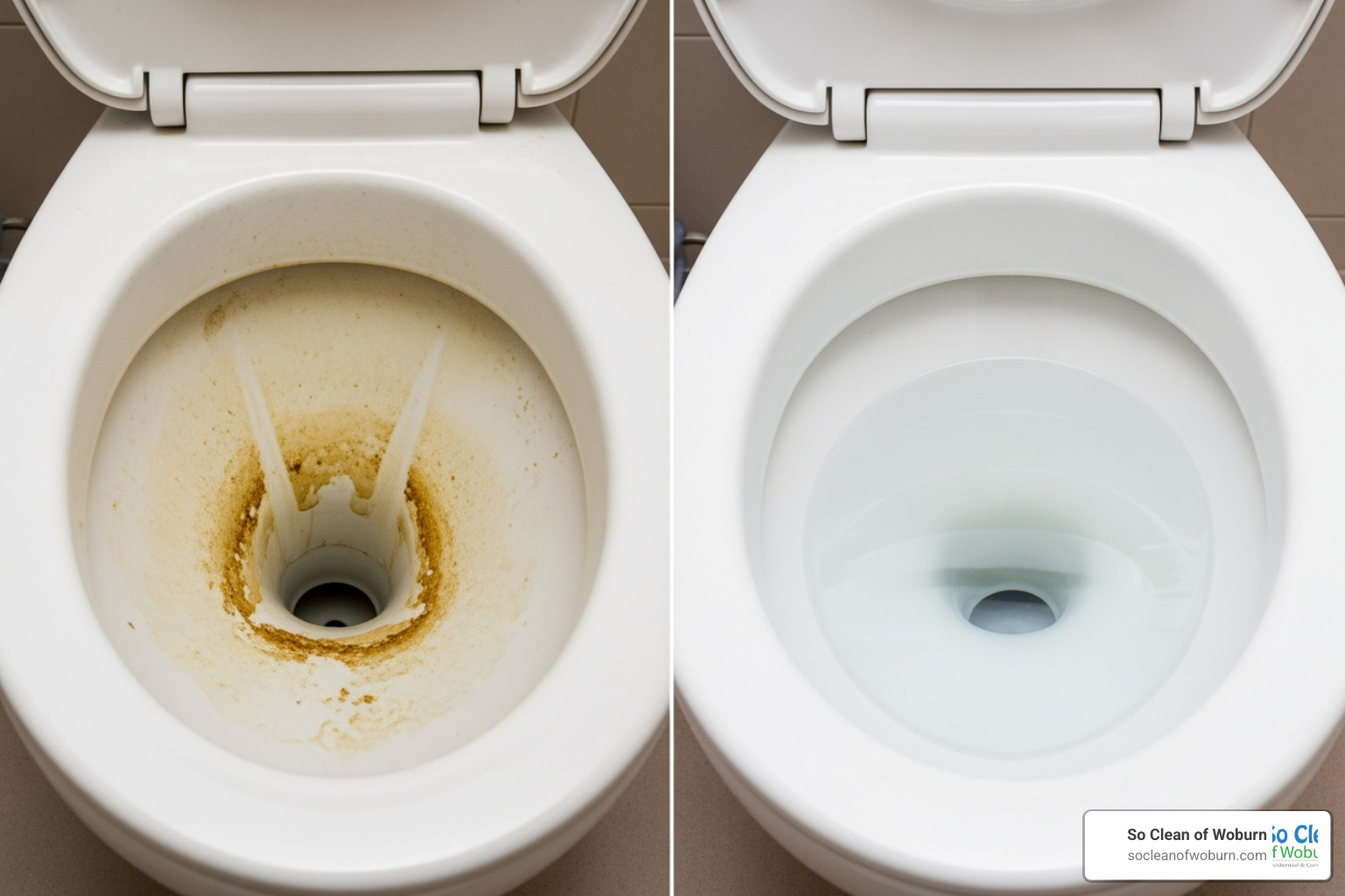 A split image showing a toilet bowl: the left side is discolored with stains, and the right side is sparkling clean after using a plant-based cleaner - plant based toilet bowl cleaner