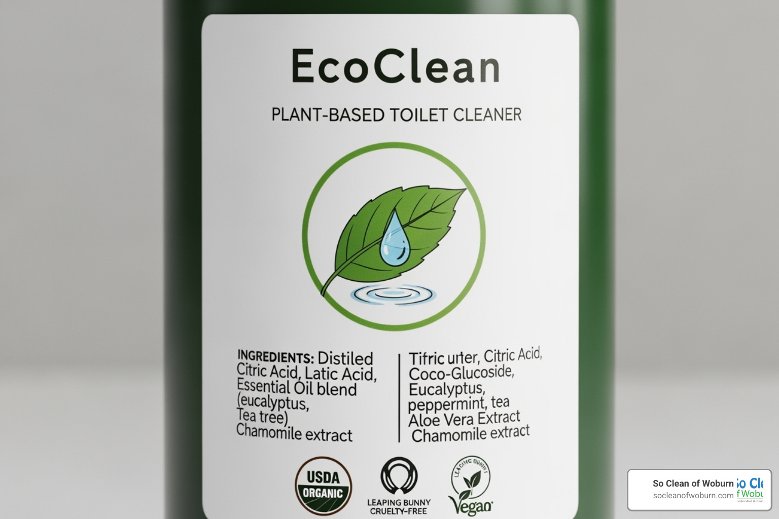 A close-up image of a product label for a plant-based toilet cleaner, highlighting the ingredient list with natural extracts and certifications - plant based toilet bowl cleaner