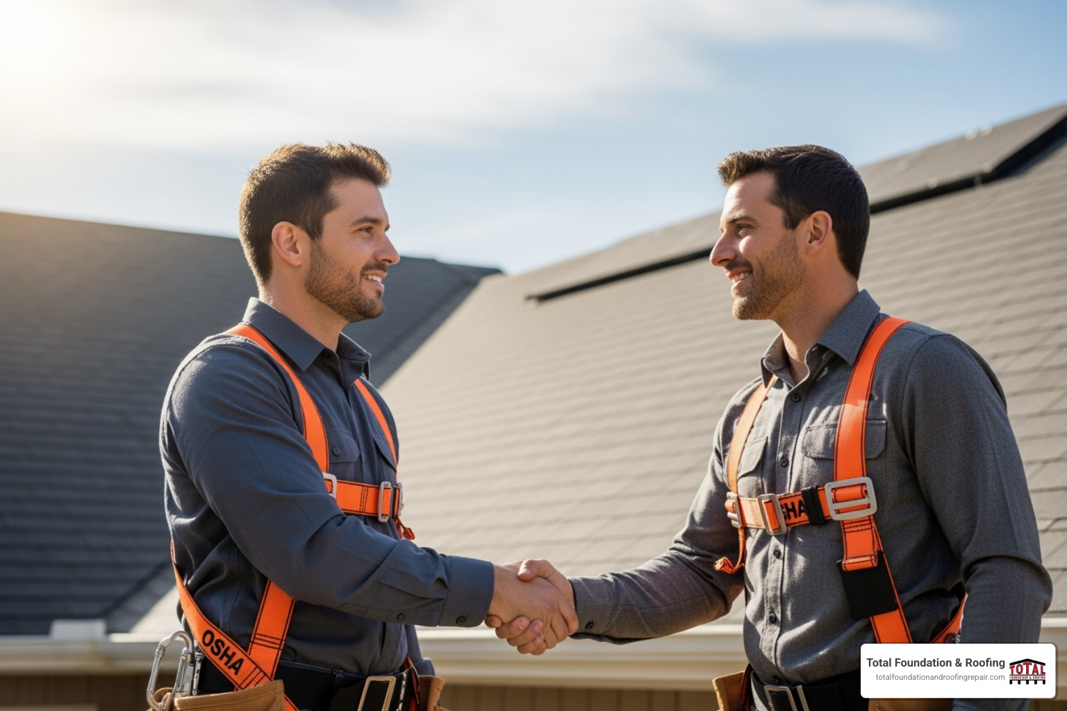 A professional roofer wearing an OSHA-compliant safety harness shakes hands with a smiling homeowner on a sunny day, symbolizing a positive contractor-client relationship - roof replacement estimate A professional roofer wearing an OSHA-compliant safety harness shakes hands with a smiling homeowner on a sunny day, symbolizing a positive contractor-client relationship - roof replacement estimate
