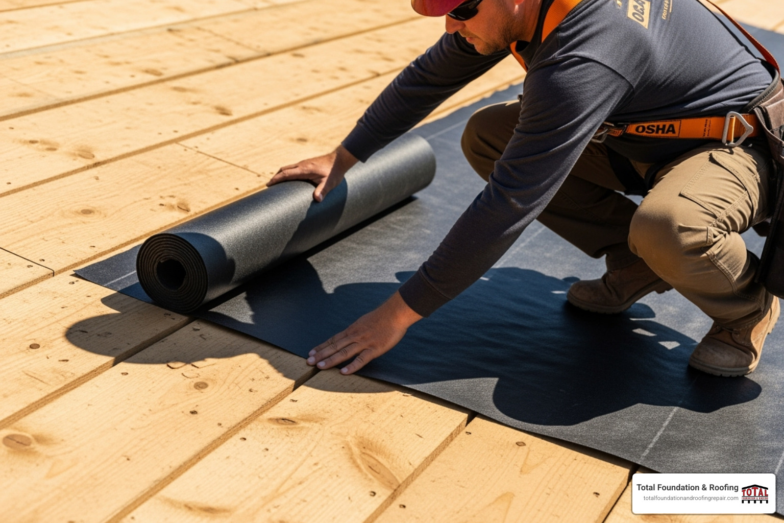 A close-up image showing roof underlayment being rolled out and secured, with new wooden roof decking visible beneath - roof replacement estimate A close-up image showing roof underlayment being rolled out and secured, with new wooden roof decking visible beneath - roof replacement estimate