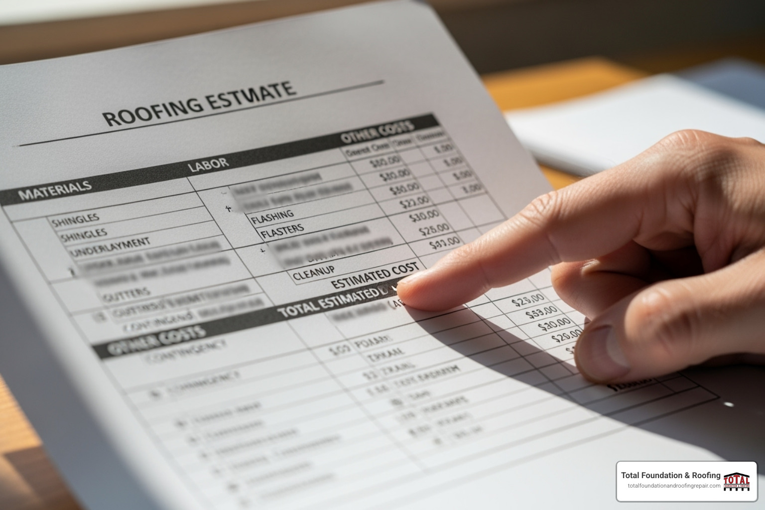 A close-up image of a contractor's detailed, itemized roofing estimate document, showing various line items for materials, labor, and other costs - roof replacement estimate A close-up image of a contractor's detailed, itemized roofing estimate document, showing various line items for materials, labor, and other costs - roof replacement estimate