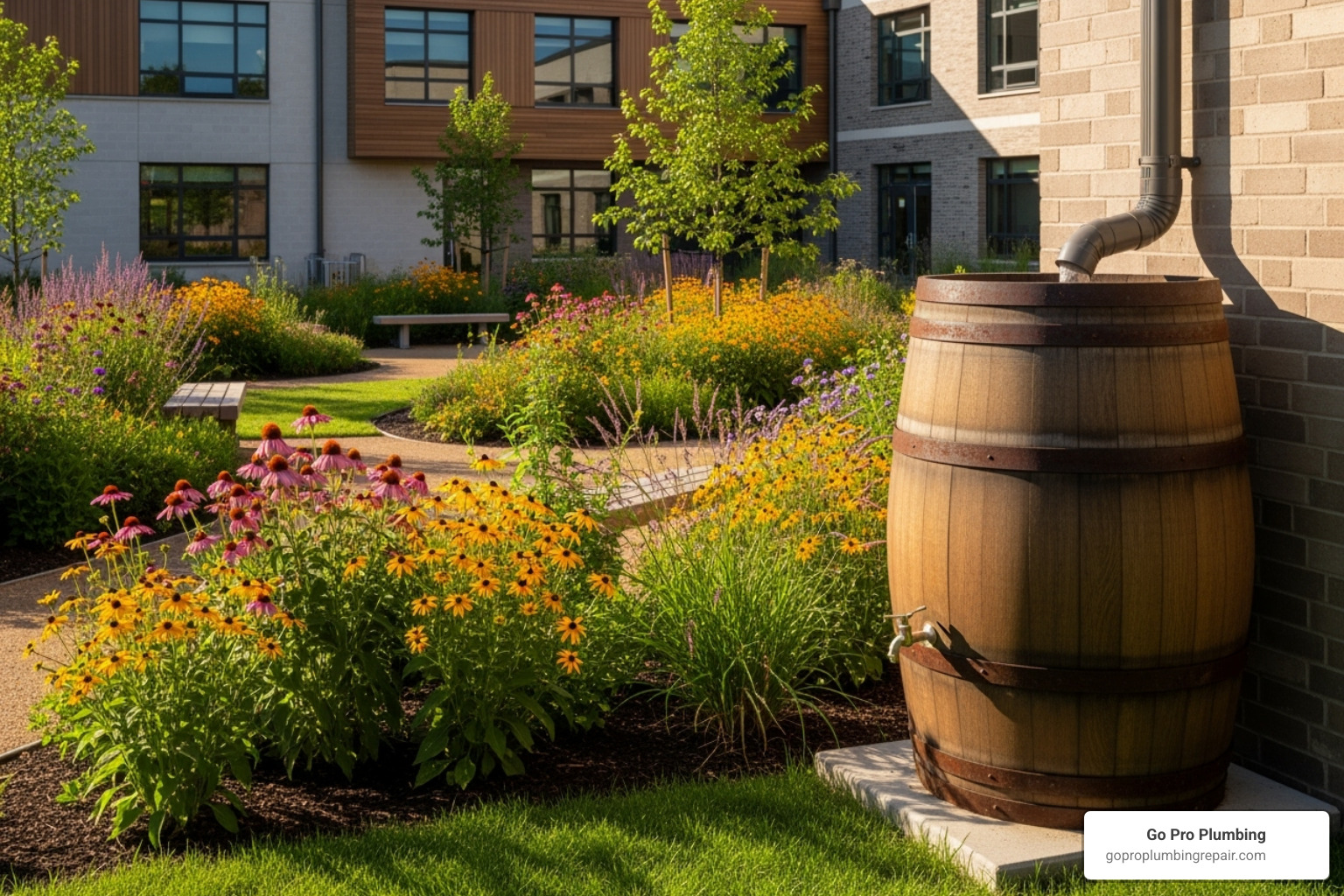 Green schoolyard with native plants and a rainwater barrel - water conservation in schools