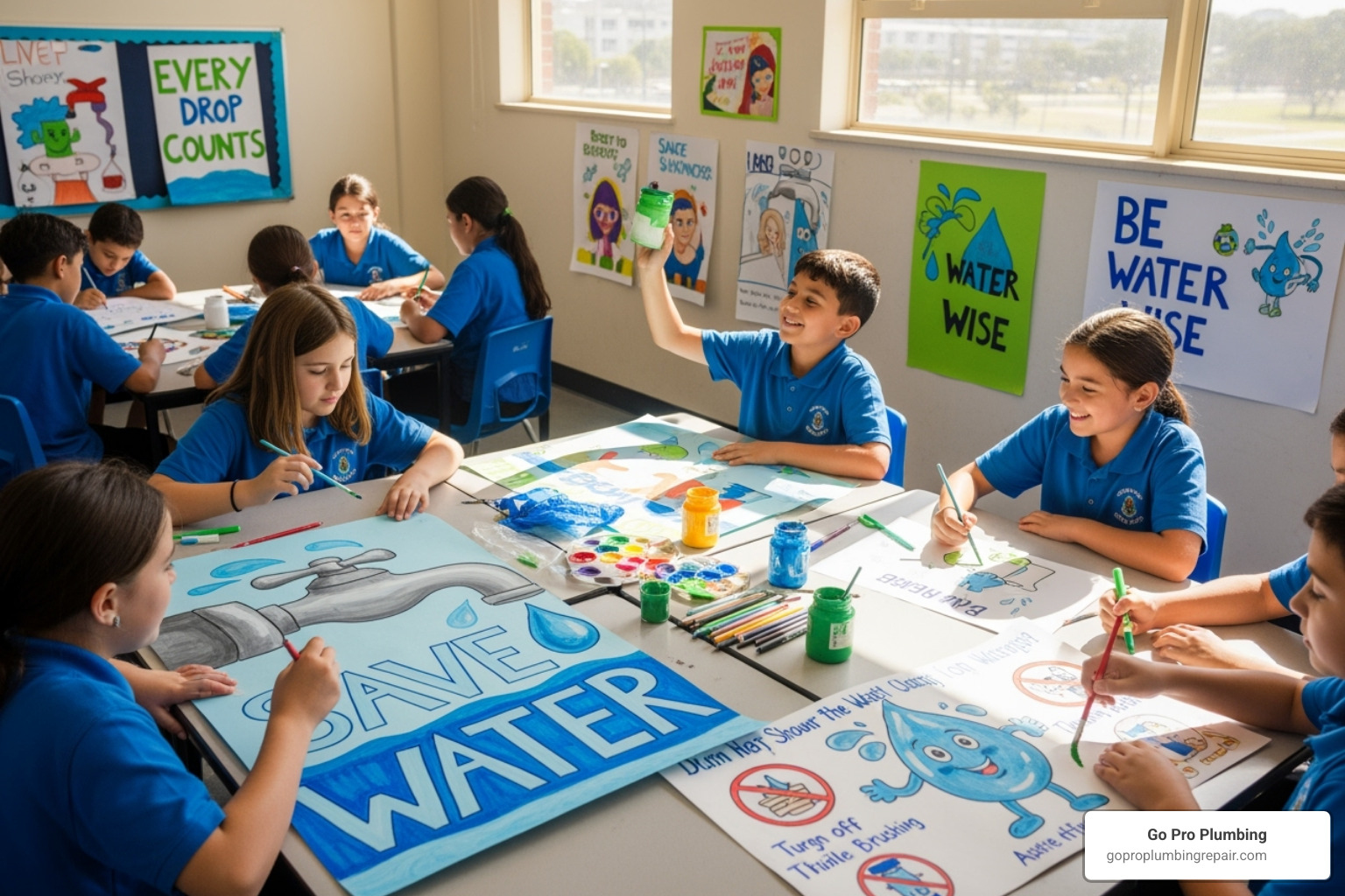 Students creating water conservation posters - water conservation in schools