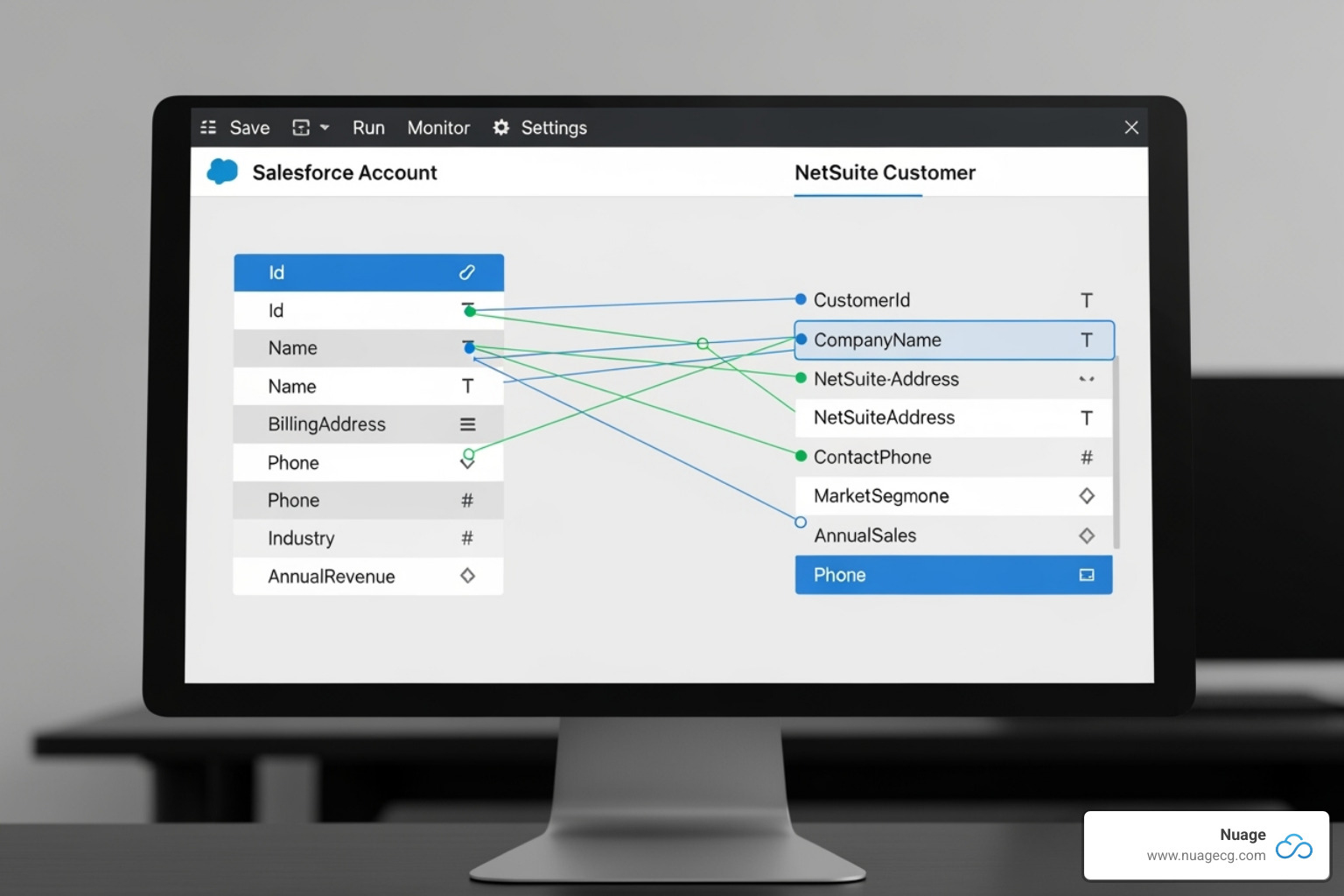 Boomi data mapping tool showing Salesforce Account fields mapped to NetSuite Customer fields - dell boomi salesforce and netsuite account integration