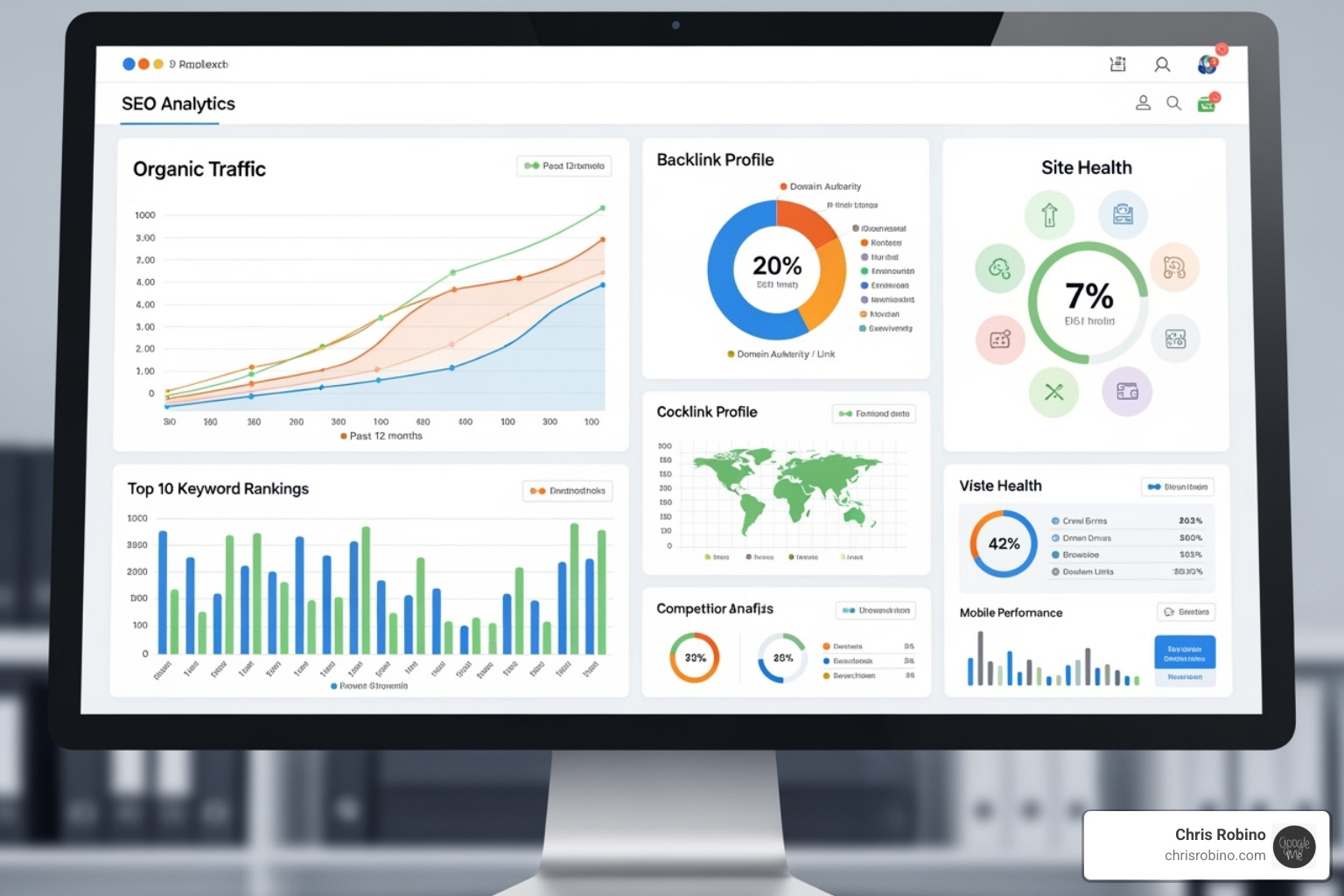 A dashboard with enterprise-level SEO analytics, showing various metrics and insights - b2b thought leadership content