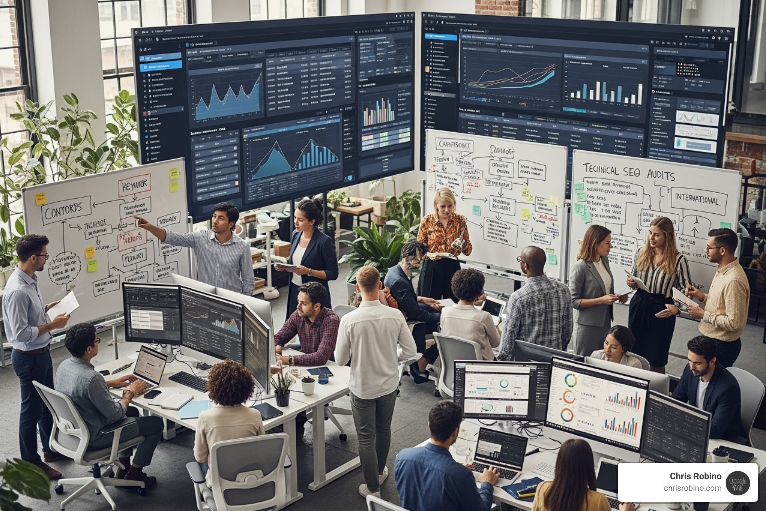 A large team analyzing search data, indicating the complexity and scale of enterprise SEO efforts - b2b thought leadership content