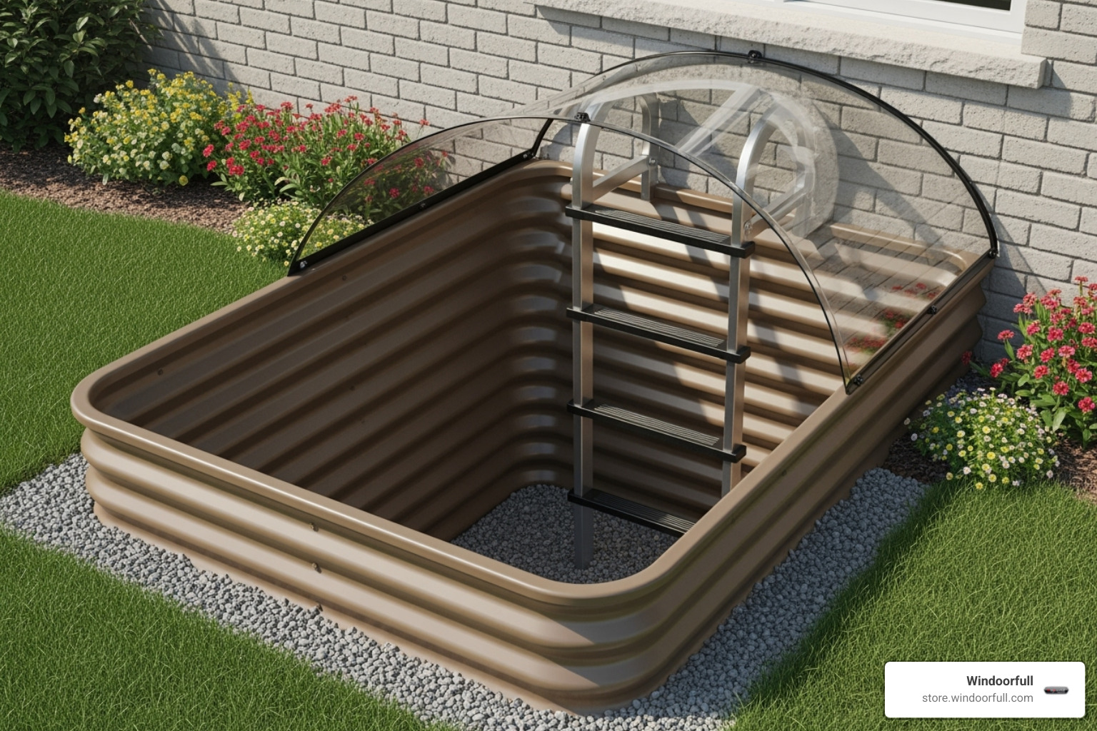 Properly installed egress window well with a ladder and cover - Egress Windows