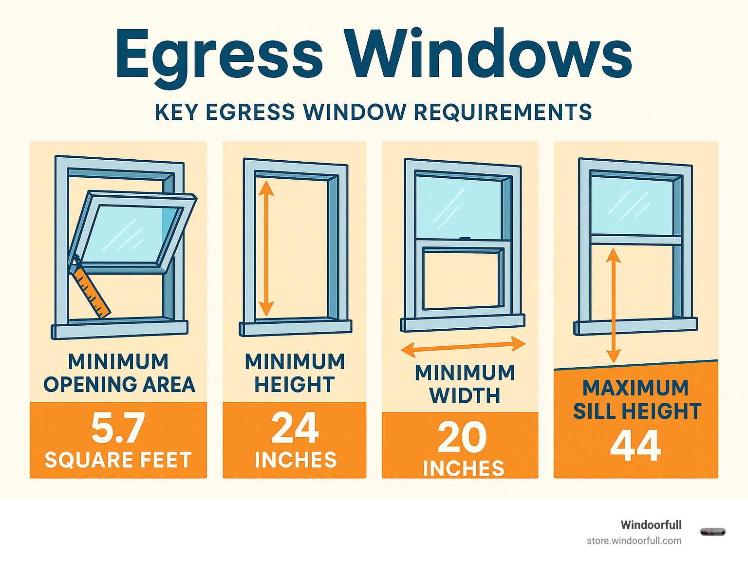 Infographic showing the four key egress window requirements: minimum opening area of 5.7 square feet, minimum height of 24 inches, minimum width of 20 inches, and maximum sill height of 44 inches from floor, with visual diagrams of proper measurements - Egress Windows infographic 