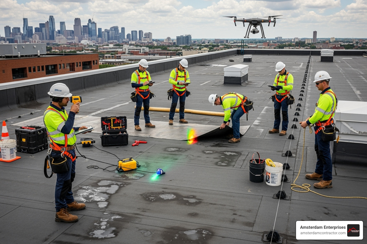 A professional roofing crew conducting a detailed roof inspection on a large flat roof, highlighting safety gear and advanced equipment - Industrial roofing services