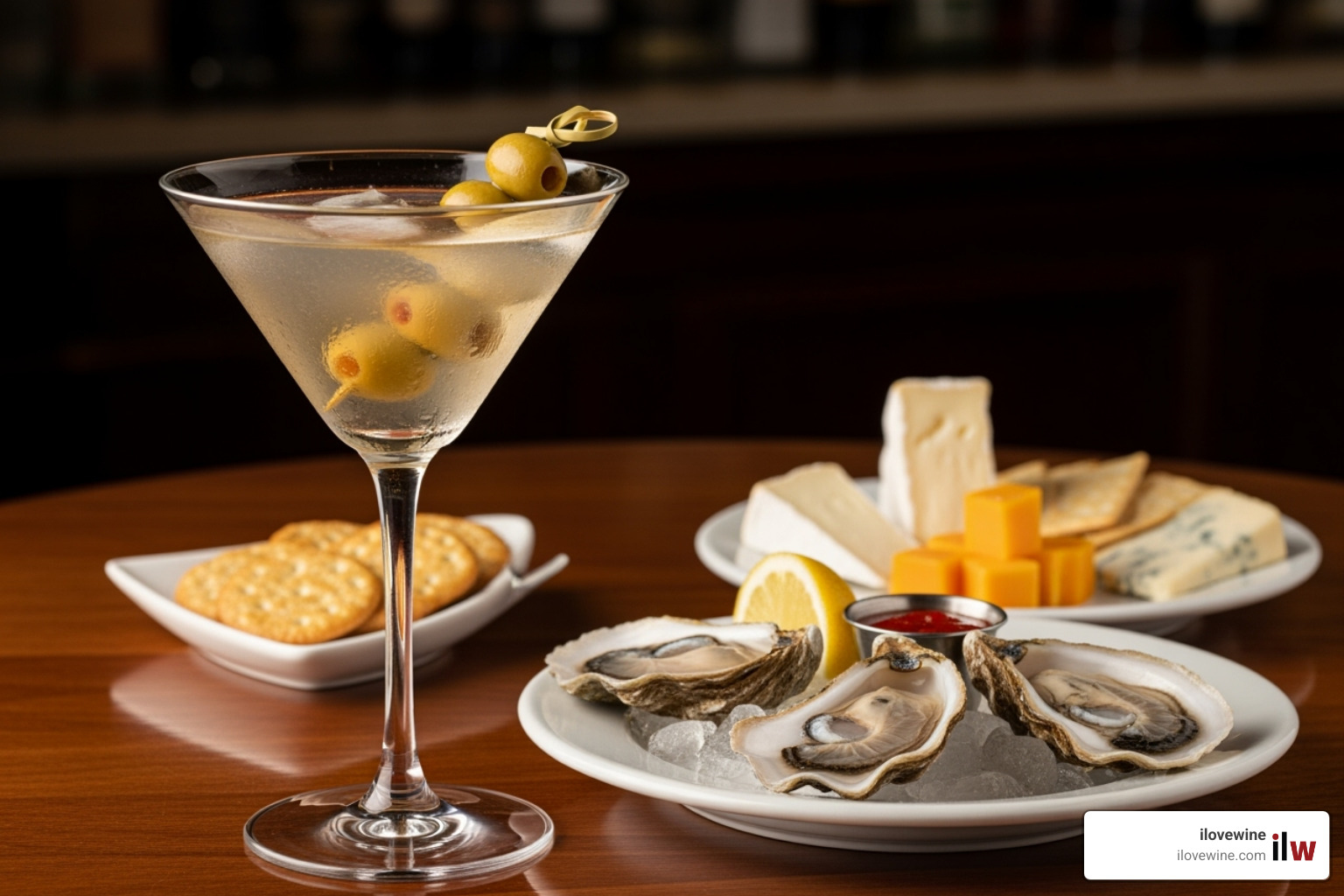 A dirty martini served alongside a small plate of oysters or a cheese board. - dirty martini cocktail A dirty martini served alongside a small plate of oysters or a cheese board. - dirty martini cocktail
