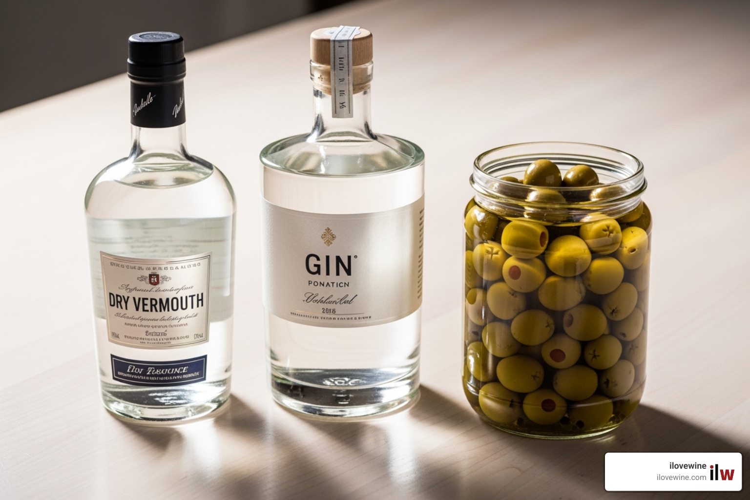 The ingredients laid out: a bottle of gin, dry vermouth, and a jar of high-quality olives. - dirty martini cocktail The ingredients laid out: a bottle of gin, dry vermouth, and a jar of high-quality olives. - dirty martini cocktail