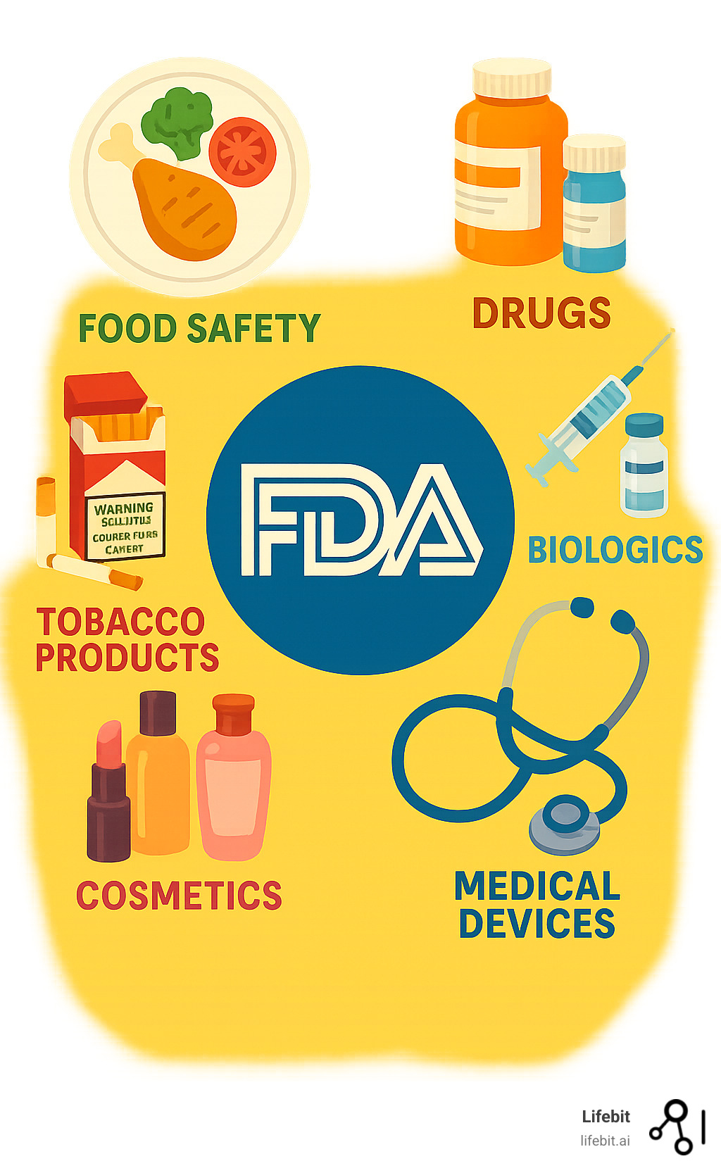 Comprehensive infographic showing the FDA's six main regulatory areas: a plate of food representing Food Safety, prescription bottles for Drugs, a syringe for Biologics including vaccines, a stethoscope for Medical Devices, cosmetic products for Cosmetics, and cigarettes with warning labels for Tobacco Products, all arranged in a circular layout with the FDA logo at the center - FDA infographic 
