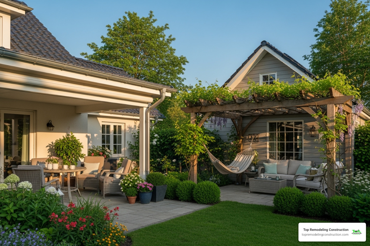 home with a house-attached patio cover versus a freestanding pergola in a garden - Waterproof patio cover home with a house-attached patio cover versus a freestanding pergola in a garden - Waterproof patio cover