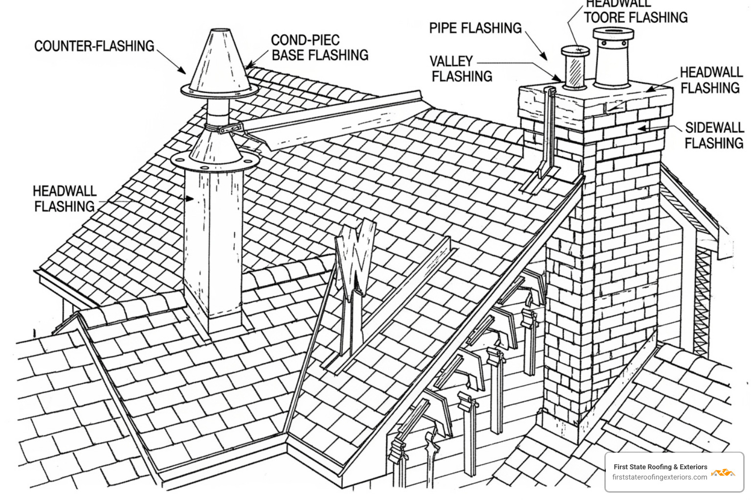 diagram showing different types of roof flashing on a house - Roof flashing repair
