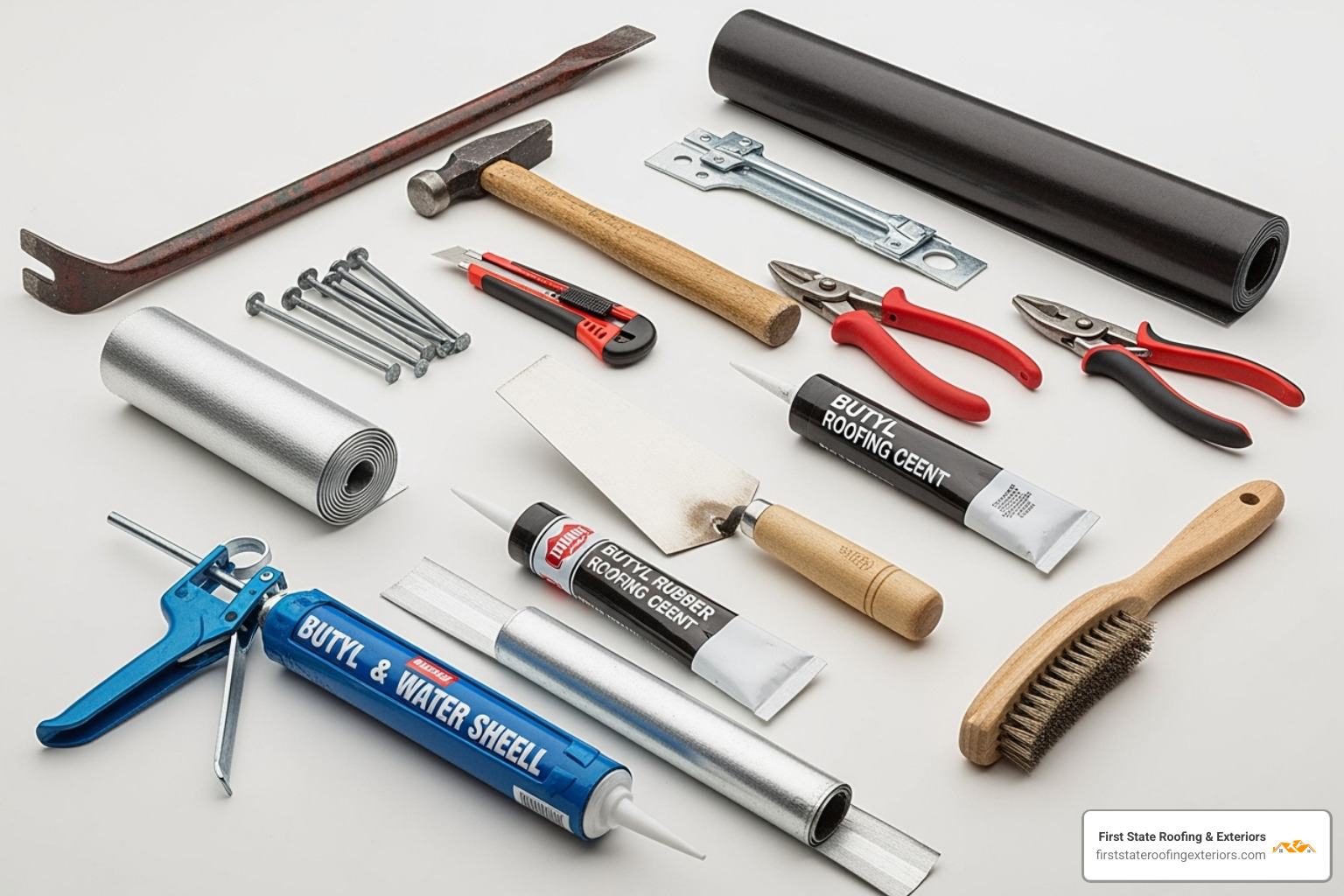 necessary tools for flashing repair laid out on a clean surface - Roof flashing repair