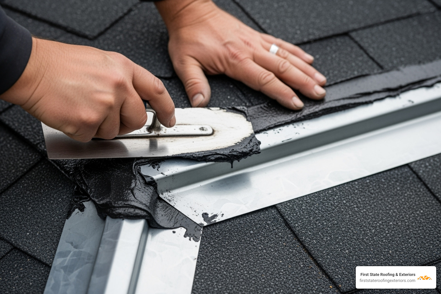 hands applying roofing cement to new flashing - Roof flashing repair