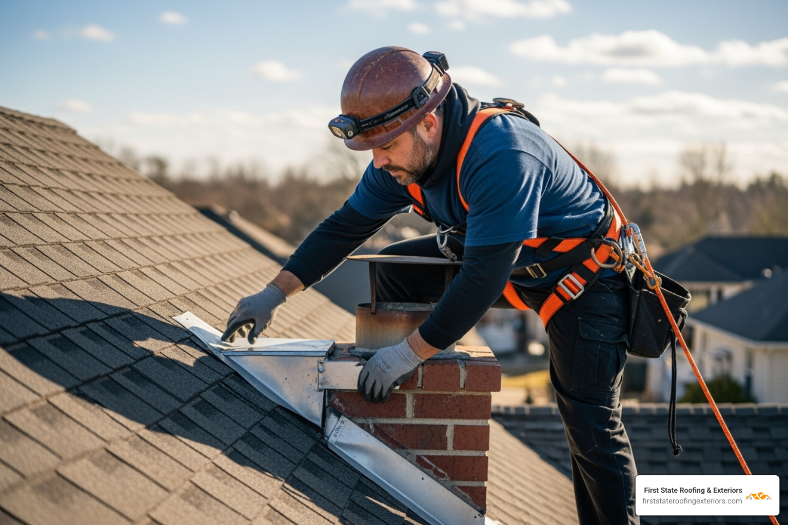 professional roofer with safety harness inspecting chimney flashing - Roof flashing repair