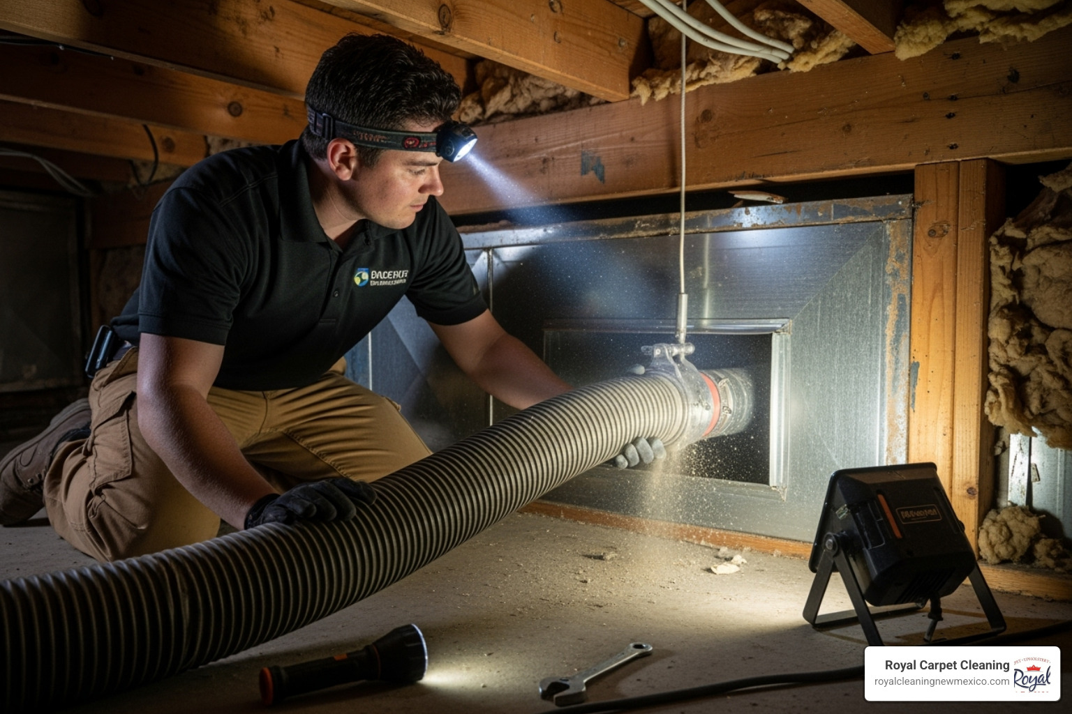 of a technician using a high-powered vacuum hose on a duct system - best air duct cleaners