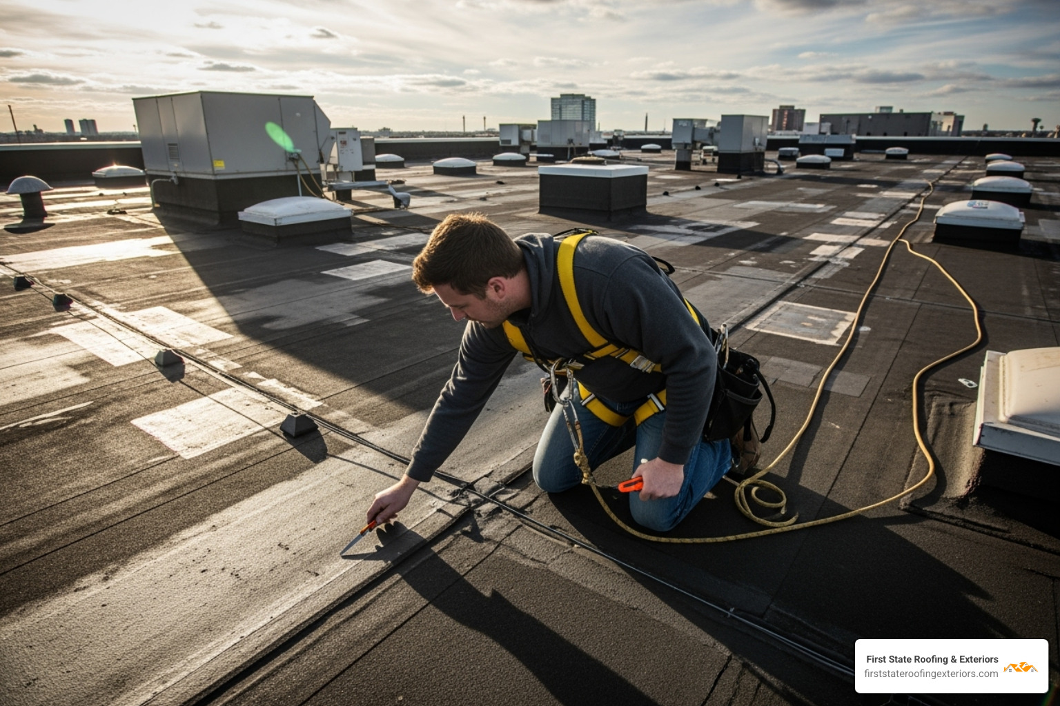 professional roofer inspecting a commercial flat roof with safety harness - Office roof repair professional roofer inspecting a commercial flat roof with safety harness - Office roof repair
