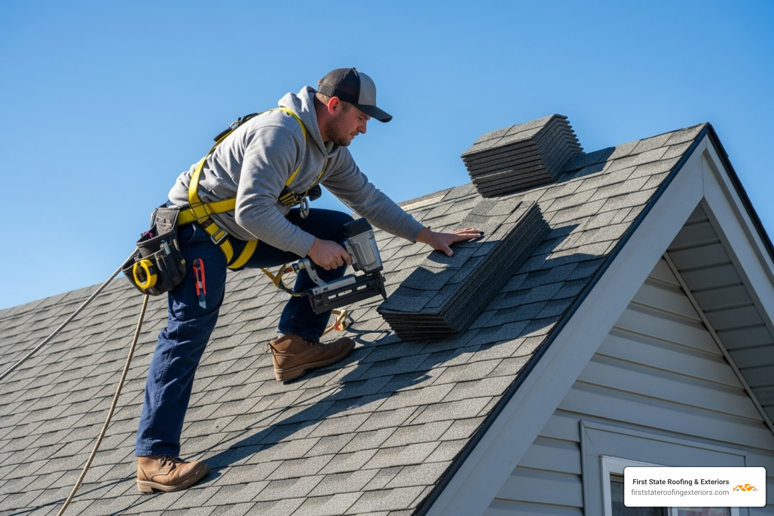 Roofer installing ridge cap shingles on the peak of a roof - roofing installation