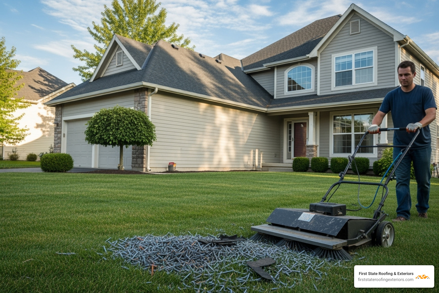 Clean job site after a roof installation, with a magnetic sweeper being used on the lawn - roofing installation