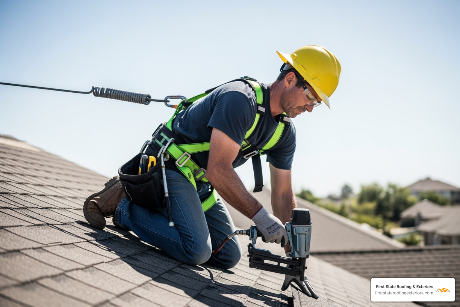 Roofer using a safety harness while working on a roof - roofing installation